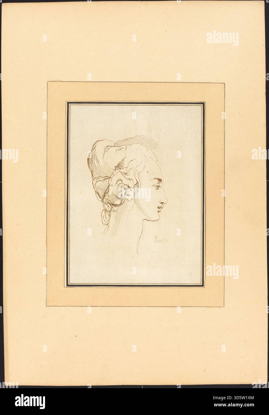 Ein Stich von Johann Gottlieb Prestel aus dem Jahr 1782 nach Guercino, der den Kopf einer Frau zeigt und sich auf Gesichtszüge, Ausdruck und klassische künstlerische Techniken konzentriert. Stockfoto