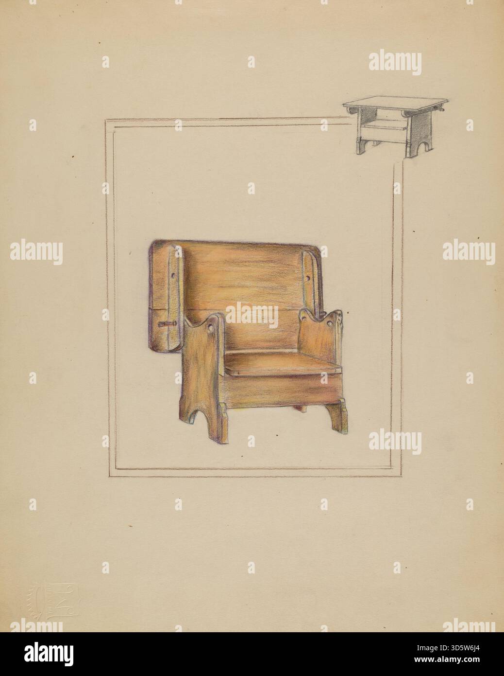 Dieser Tisch von Bertha Stefano, der zwischen 1935 und 1942 geschaffen wurde, kombiniert Tisch- und Sitzfunktionen aus Holz mit einem einfachen funktionalen Design, typisch für amerikanische Möbel aus der Mitte des 20. Jahrhunderts. Stockfoto