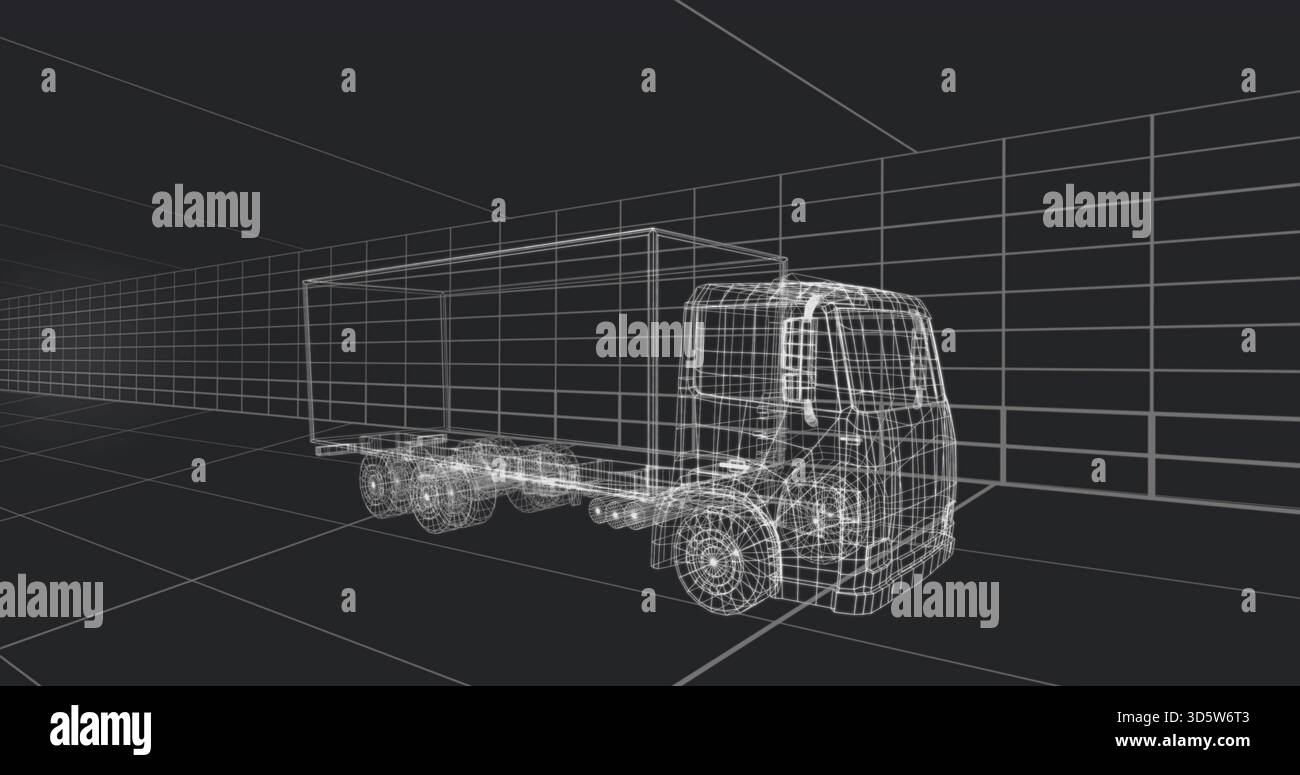 Anzeigen von Drahtmodellkastenfahrzeugen, die in der Mitte des Fahrzeugs stehen, in der 3D-Ansicht mit Rädern, Fahrgestell und Rasterboden Stockfoto
