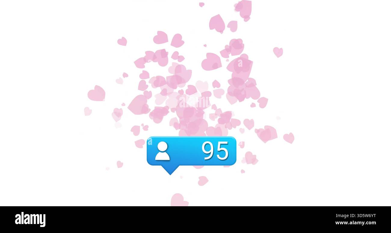 Schwebender blauer Warnschild mit weißer Benutzersilhouette 95 auf weißer Leinwand, aufsteigende rosa Herzen Stockfoto