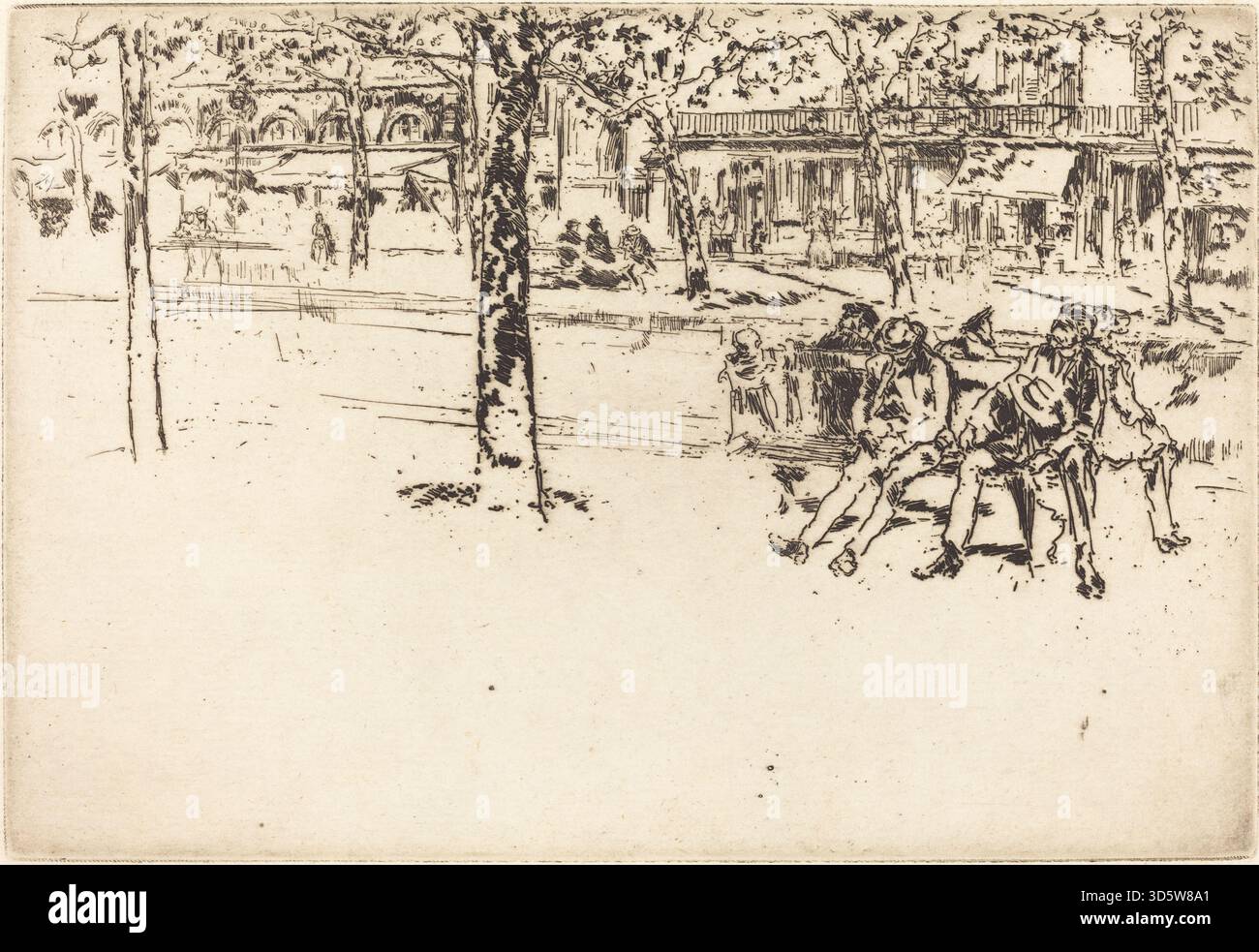 Ätzung von James McNeill Whistler, die den Boulevard Poissoniere zeigt, zeigt das Layout der Boulevards, Gebäude, Fußgänger, Straßenaktivitäten, Schatten und urbane Komposition aus dem 19. Jahrhundert. Stockfoto