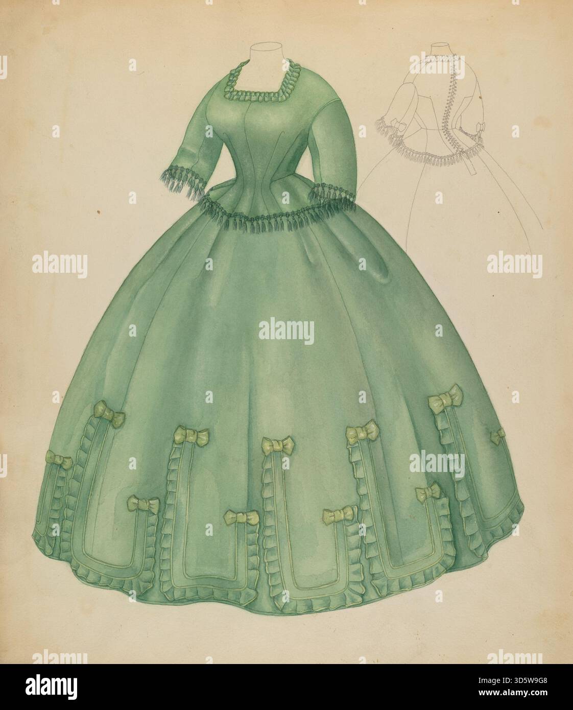 Das Kleid von Jean Peszel aus dem Jahr 1938 ist ein Beispiel für Mode der späten 1930er Jahre mit tailliertem Oberteil, taillierter Taille, klassischem Stoff und strukturiertem Rock. Stockfoto