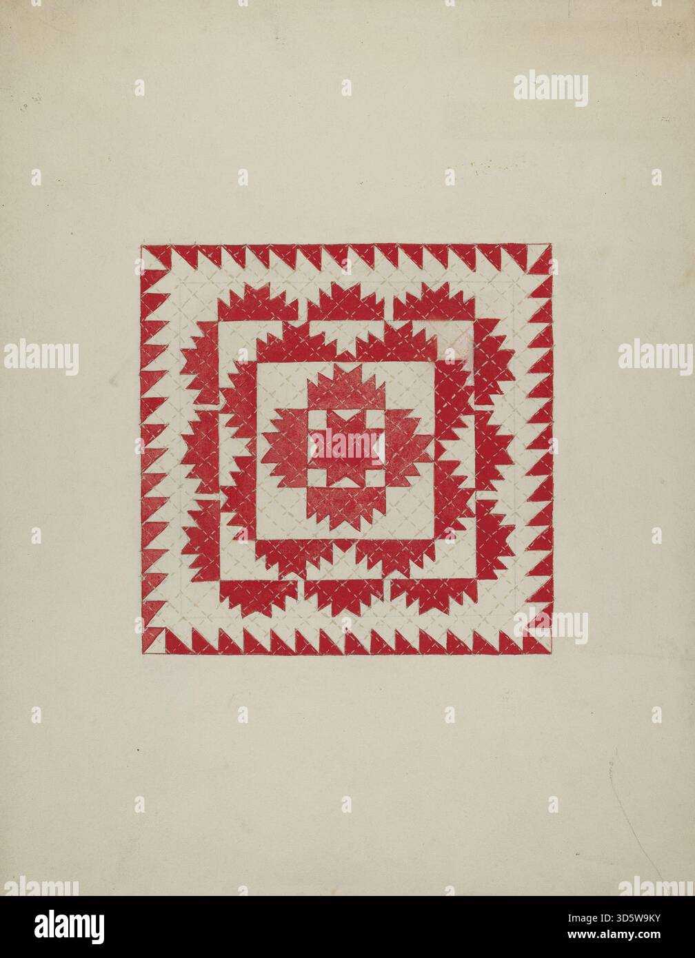 Ein Patchwork-Steppdecke von Genevieve Sherlock um 1940, mit genähten Stoffstücken, die in einem geometrischen Muster angeordnet sind. Die Decke zeigt handwerkliches Können in textiler Arbeit und typische Stoffdesigns dieser Zeit. Stockfoto