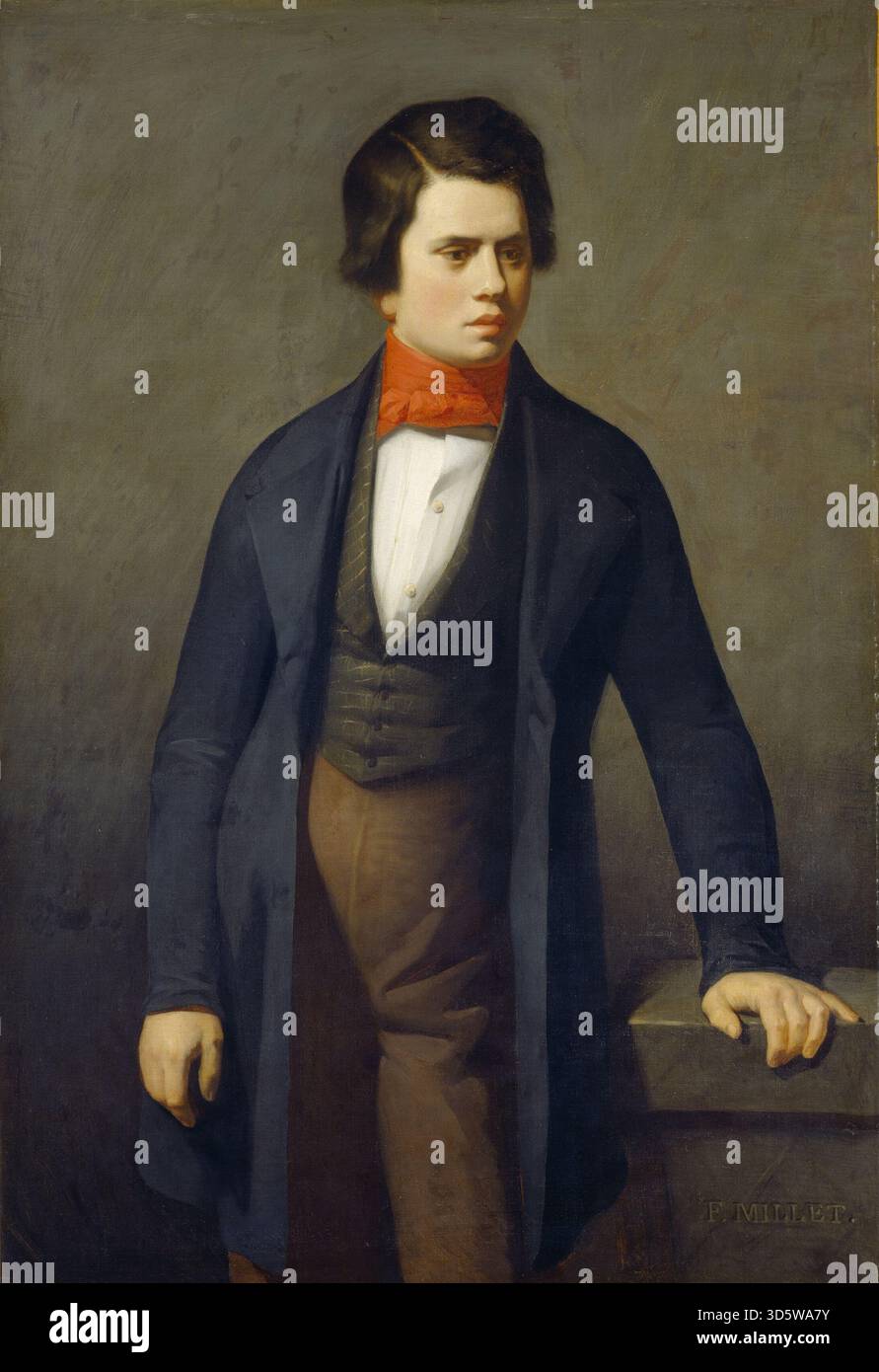 Ein Porträt von Jean Francois Millet des Dichters Leconte de Lisle, entstanden um 1840–1841, das detaillierte Gesichtszüge, Kleidung und einen komponierten Ausdruck zeigt. Stockfoto