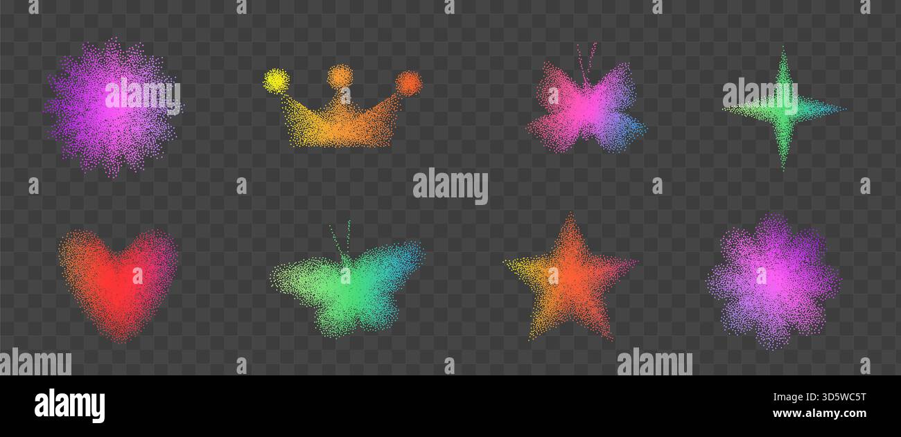 Y2K Kornrauschen Gradienten Stern, Schmetterlingsblüten. Neonfarben Punktabstufung Airbrush Herz, funkelnde Sprayelemente. Ästhetische Retro-Körnung einfache Figu Stock Vektor