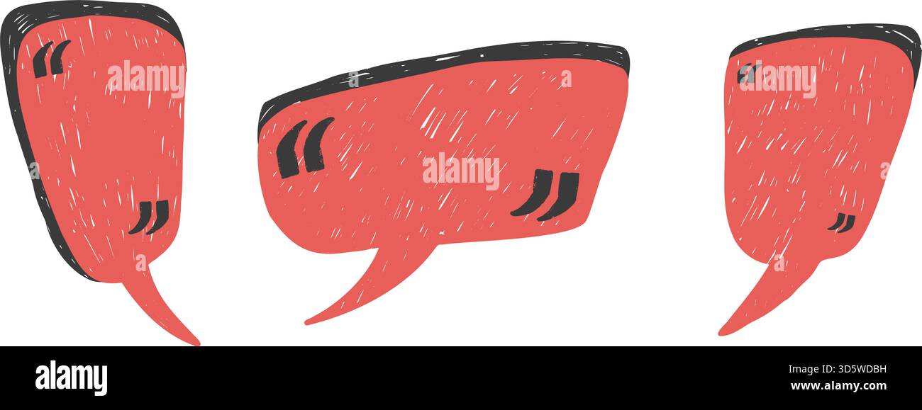 Cloud-Boxen mit roten Anführungszeichen. Sprechblasen mit Anführungszeichen. Handgezeichneter Buntstift Textrahmen Set. Beschreibung strukturierter Formen mit Kreidekreiden. Ve Stock Vektor