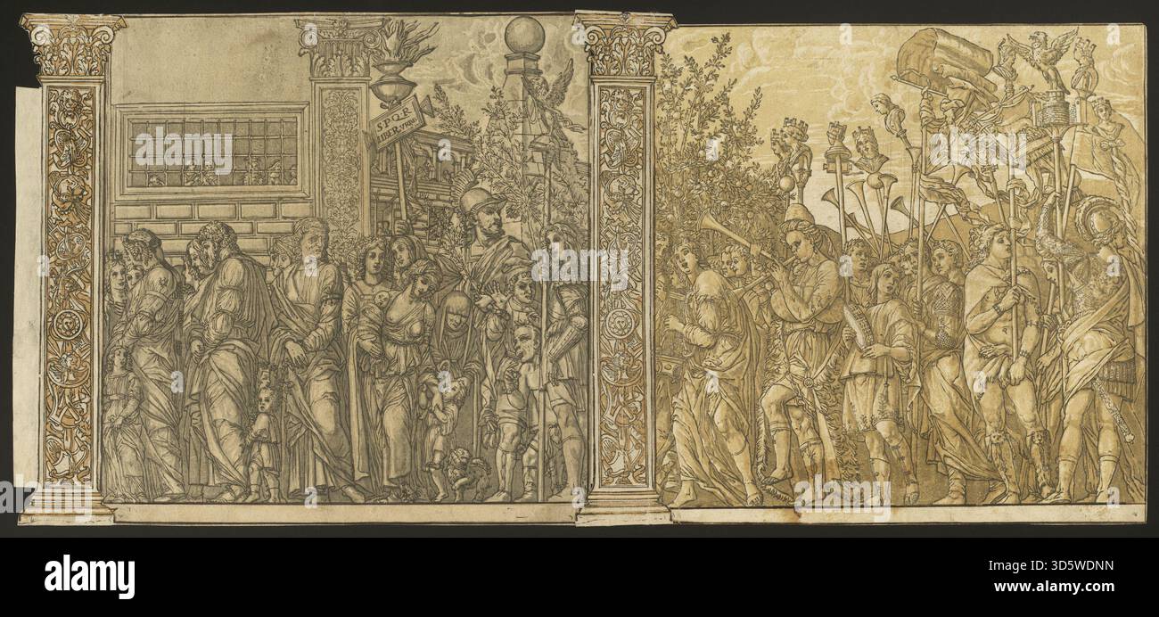 Ein 1599 erschienener Druck von Andrea Andreani nach Andrea Mantegna mit Szenen 7 und 8 von „der Triumph von Julius Cäsar“. Das Kunstwerk umfasst römische Soldaten, Gefangene, Siegeszug, klassische Gebäude und Trophäen. Stockfoto