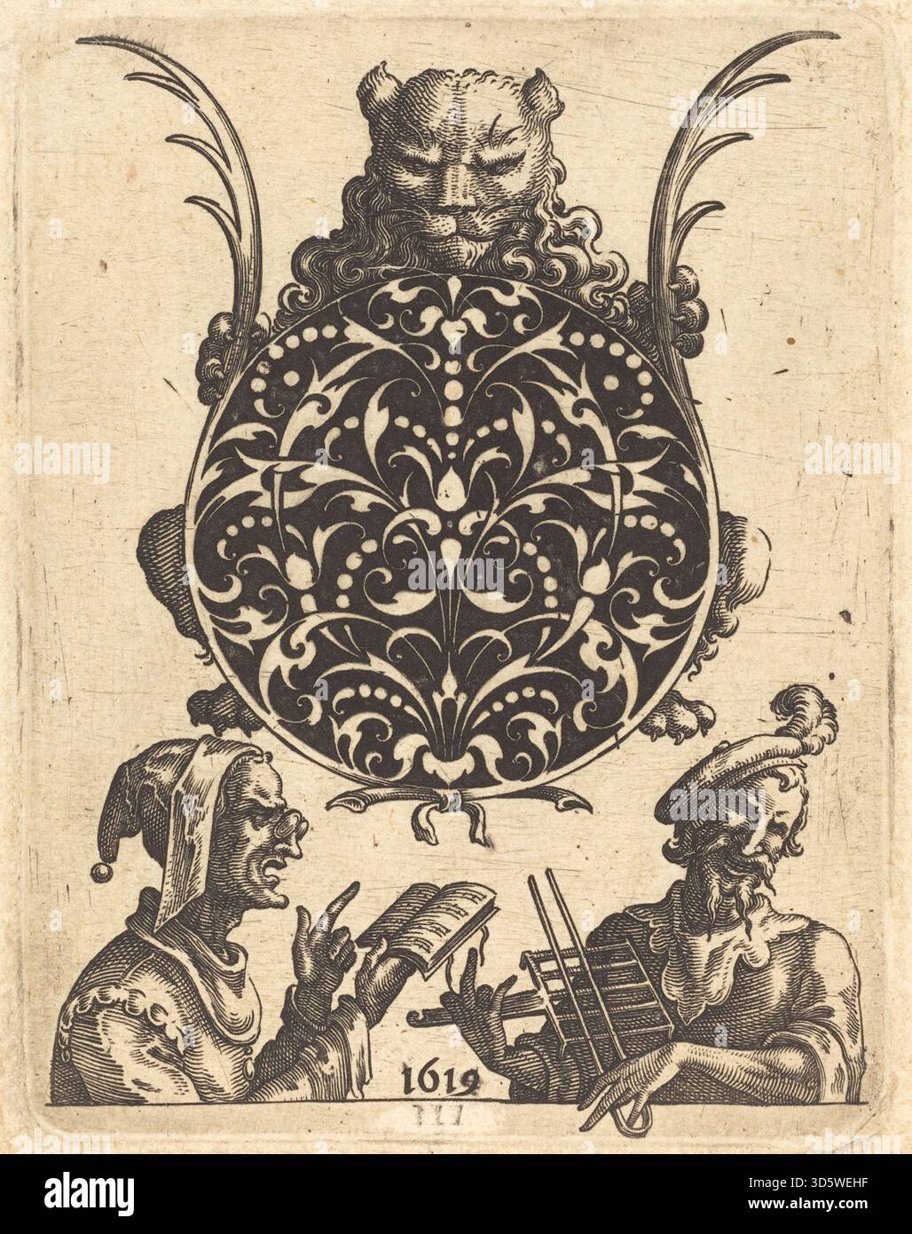 Ein Schmuckdesign von Jean Toutin aus dem Jahr 1619 mit einem Löwenkopf-Motiv, einschließlich detaillierter Gesichtszüge, gravierten Metallarbeiten und ornamentaler Komposition für einen Anhänger oder ein dekoratives Objekt. Stockfoto