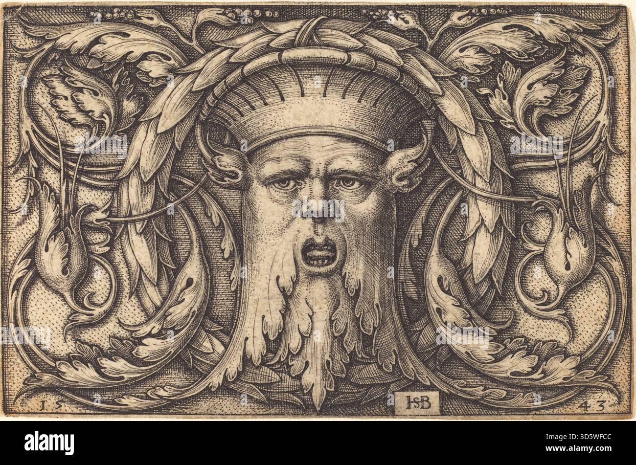 Ein ornamentales Design von Sebald Beham aus dem Jahr 1543, das eine Maske zeigt, die in dekorative Motive integriert ist, symmetrische Muster und detaillierte künstlerische Komposition. Stockfoto