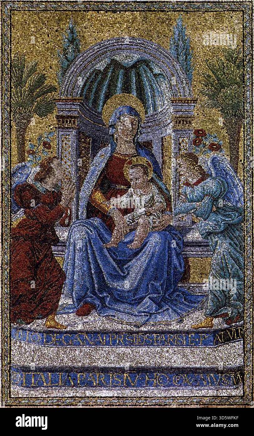 GHIRLANDAIO, Davide (* 1452, Firenze, d. 1525, Firenze) Jungfrau und Kind 1498 Mosaic Mus?e National de la Renaissance,?couen dieses Mosaik aus Gold wurde von Davide Ghirlandaio von Jean de Ganay, dem Präsidenten des Pariser Parlaments, in Auftrag gegeben. Es wurde 1498 nach Paris verlegt und in einer Kapelle der Kirche Saint-Merri untergebracht. --- Schlüsselwörter: ----------------- Autor: GHIRLANDAIO, Davide Titel: Jungfrau und Kind Zeitlinie: 1451-1500 Schule: Italienisch Form: Mosaik Typ: Religiös Stockfoto