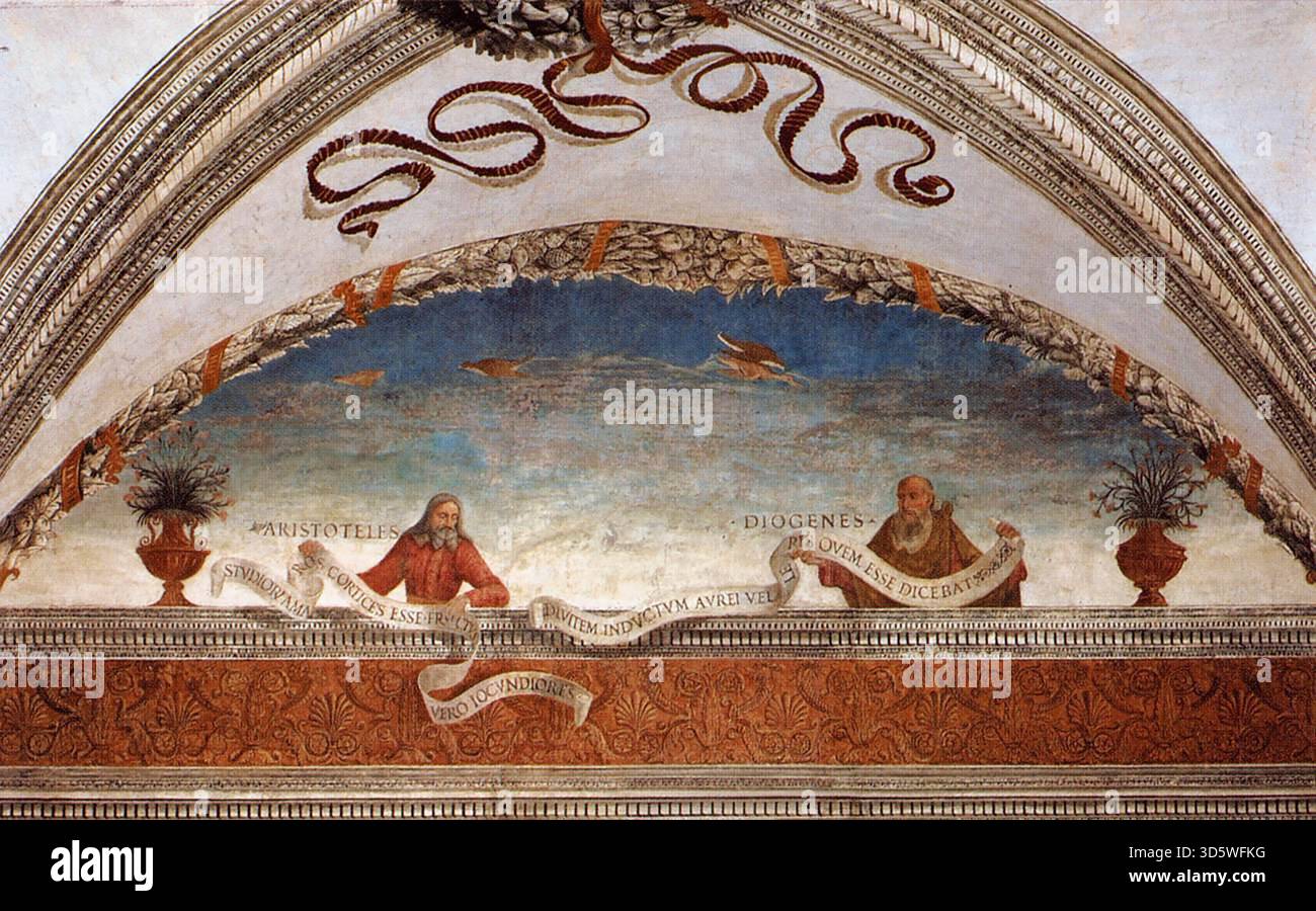GHIRLANDAIO, Davide (* 1452, Firenze, d. 1525, Firenze) Aristoteles und Diogenes ca. 1475 Fresco Biblioteca Latina, Vatikanpalast, Vatikan Zwischen November 1475 und April 1476 erhielten Domenico Ghirlandaio und sein Bruder Davide Zahlungen für das Malen von halbfigurigen Büstenporträts antiker Philosophen und Kirchenväter sowie Inschriftbänder in der Biblioteca Latina im Vatikanpalast. Diese Gemälde wurden 1967 wiederentdeckt. --- Schlüsselwörter: ----------------- Autor: GHIRLANDAIO, Davide Titel: Aristoteles und Diogenes Zeitlinie: 1451-1500 Schule: Italienisch Form: Malerei Art: Stockfoto