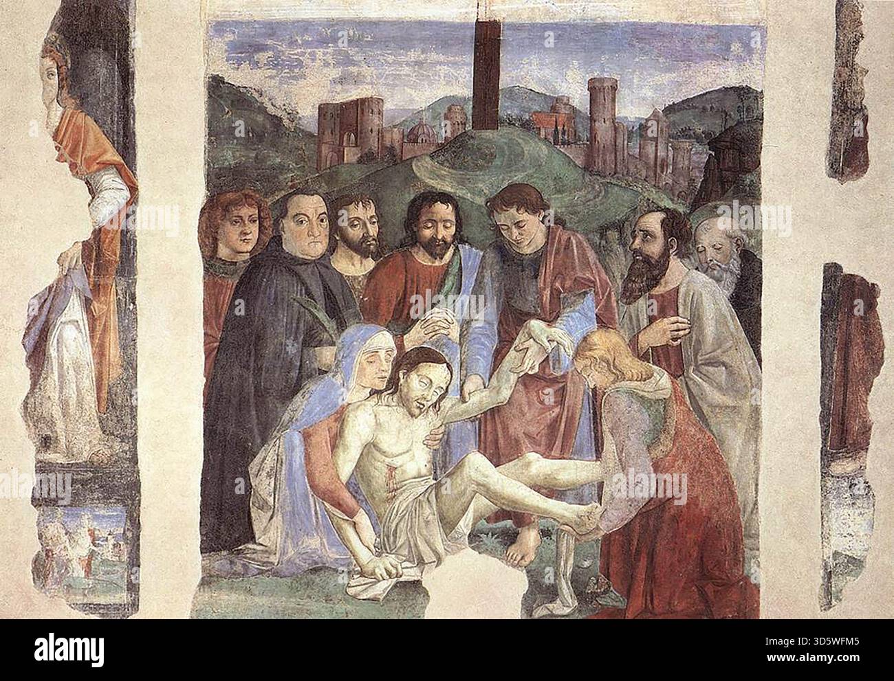GHIRLANDAIO, Domenico (* 1449, Firenze, d. 1494, Firenze) Klage über den Toten Christus um 1472 Fresco Ognissanti, Florenz gekennzeichnet durch die Zeichen der Trauer, Maria umschließt ihren toten Sohn. Maria Magdalena und Johannes halten die Arme und Beine Christi, seine Hände und Füße sind mit Stigmata markiert. Um die Gruppe herum befinden sich sechs weitere Heilige, darunter rechts Joseph von Arimathäa und Nikodemus. Hinter ihnen, auf dem Hügel von Golgatha, ragt der Stamm des Kreuzes hoch, vor einem Blick auf die Stadt Jerusalem. --- Schlüsselwörter: ----------------- Autor: GHIRLANDAIO, Domenico Titel: Lamenta Stockfoto