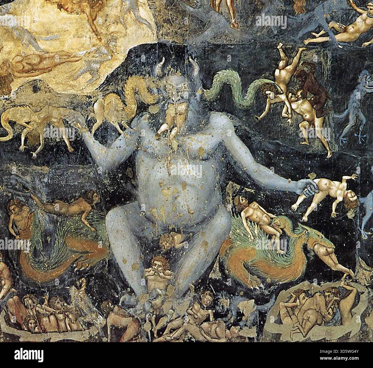 GIOTTO di Bondone (* 1267, Vespignano, d. 1337, Firenze) letztes Urteil (Detail) 1306 Fresco Cappella Scrovegni (Arena-Kapelle), Padua der Prinz der Hölle, ein riesiges Monster, thront auf einem Drachen. Er schnappt sich die Verdammten und frisst sie. --- Schlüsselwörter: ----------------- Autor: GIOTTO di Bondone Titel: Letztes Gericht (Detail) Zeitlinie: 1301-1350 Schule: Italienisch Form: Malerei Art: Religiös Stockfoto