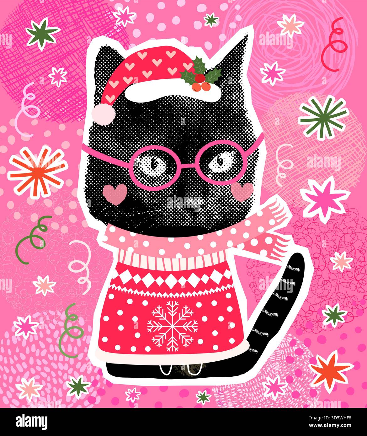 Lustige schwarze Vektor-Katze mit hässlichem Weihnachtspullover, Weihnachtsmann-Hut, Schal und rosa Gläser, Halbtoncollage-Stil Feiertagsposter, Banner oder Grußkarte Stock Vektor