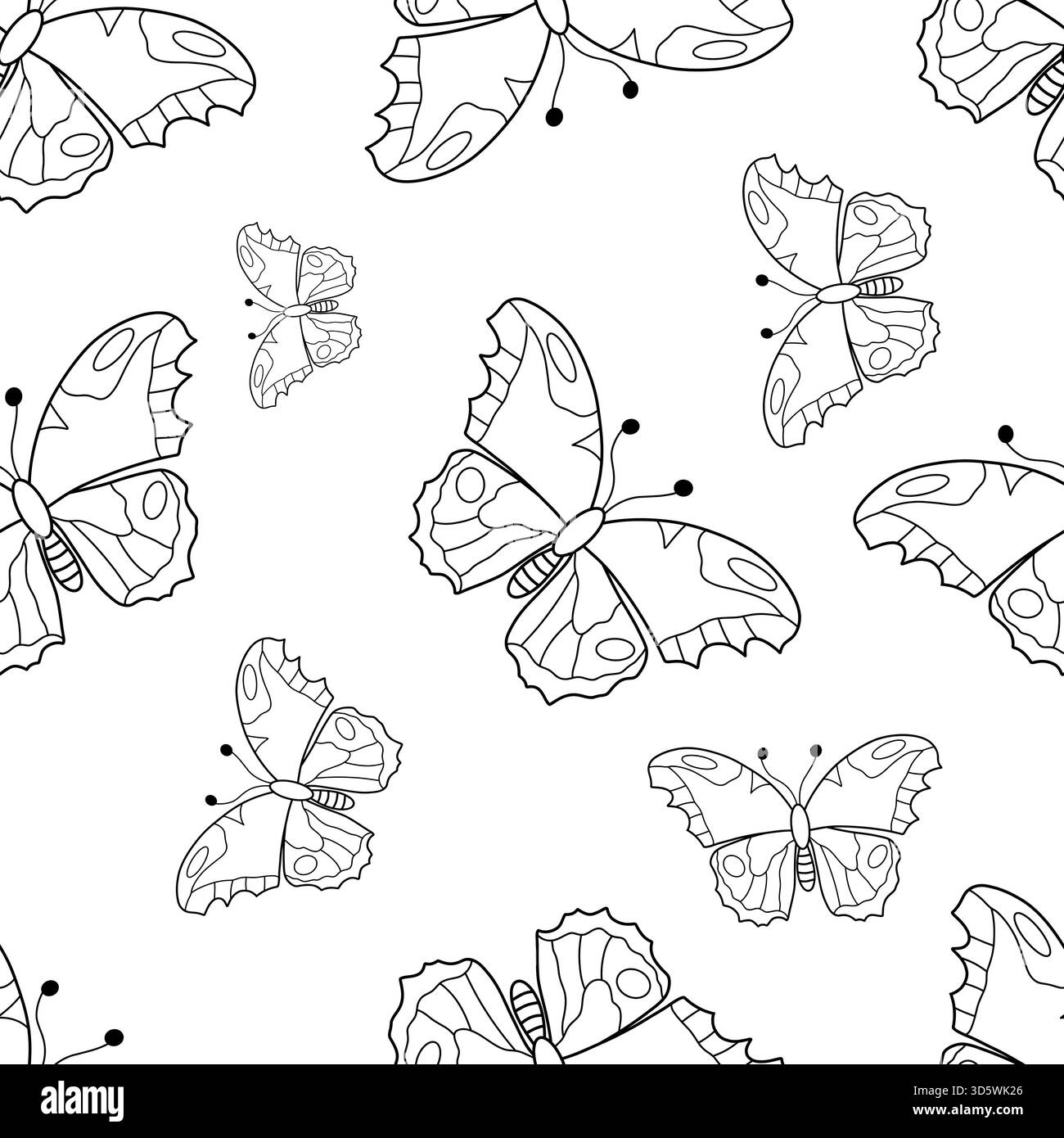 Minimalistisches nahtloses Vektormuster von schwarz-weißen Schmetterlingen. Elegante Strichgrafik-Illustration mit zarter linearer Kontur. Modernes einfarbiges Design fliegende Insekten für zeitgenössische Tapeten und Stoffe Stock Vektor