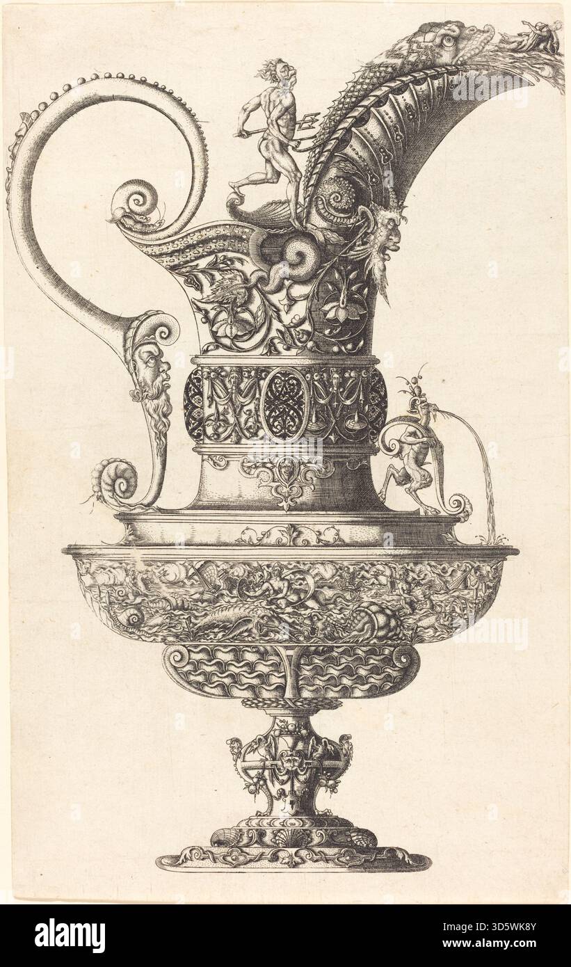 Ein Metallglas von Wenzel Jamnitzer mit einer Darstellung des römischen Gottes Neptun, mit detaillierten Gravuren, raffinierter Dekoration und Stilelementen der Renaissance. Stockfoto