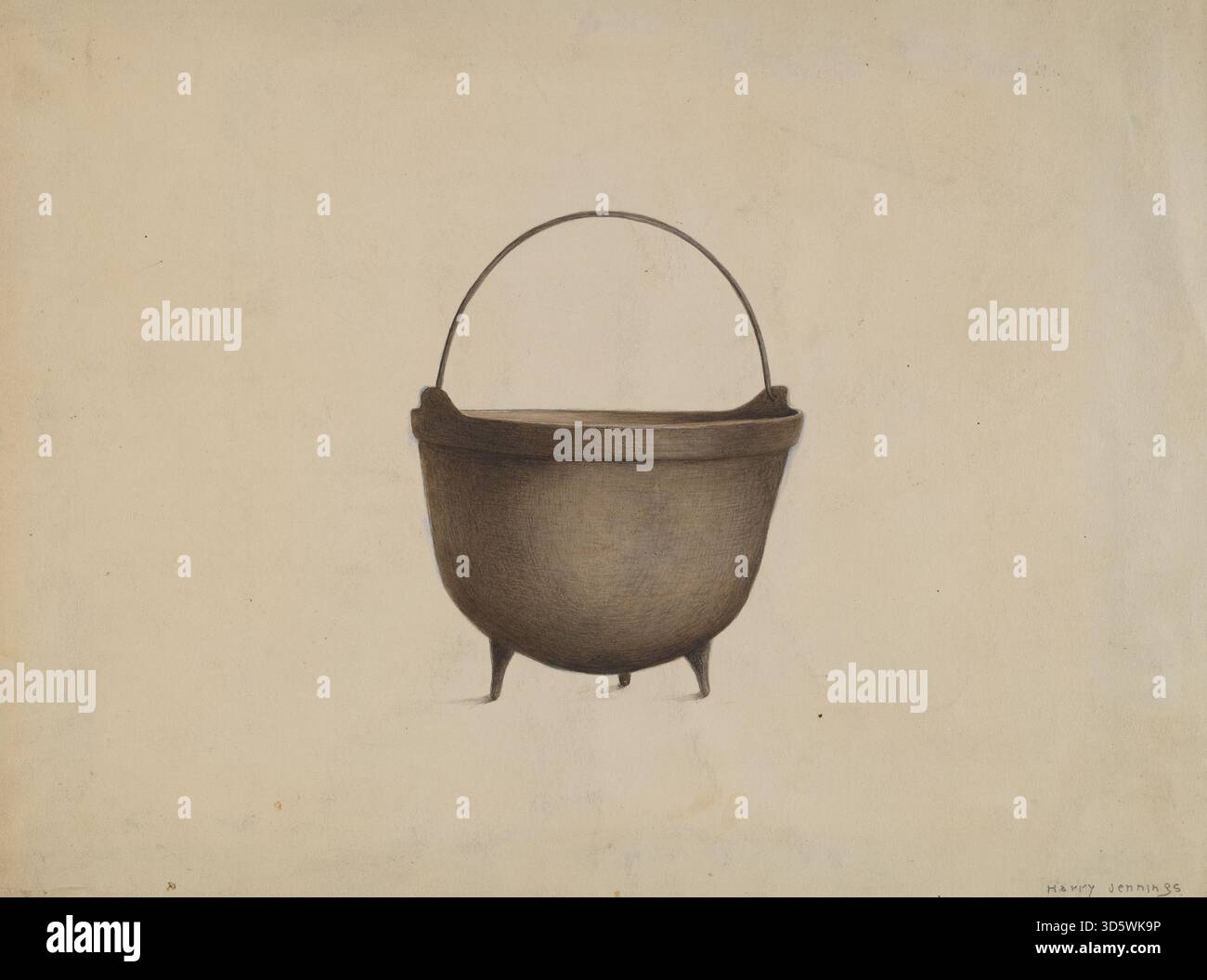 Dieser Potato Kettle, der um 1937 von Harry Jennings geschaffen wurde, ist ein Metallgefäß, das zum Kochen von Kartoffeln und anderen Lebensmitteln verwendet wird. Er verfügt über eine abgerundete Form und einen praktischen Griff. Stockfoto