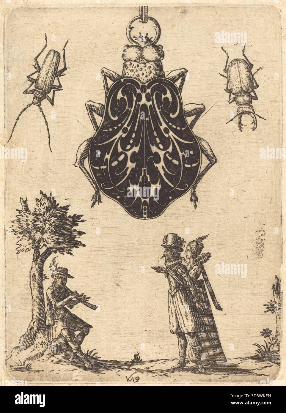 Ein Entwurf von Jean Toutin aus dem Jahr 1619, der einen Anhänger in Form eines Käfers zeigt, der Metallarbeiten, gravierte Details, symmetrische Form und dekorative Handwerkskunst zeigt. Stockfoto