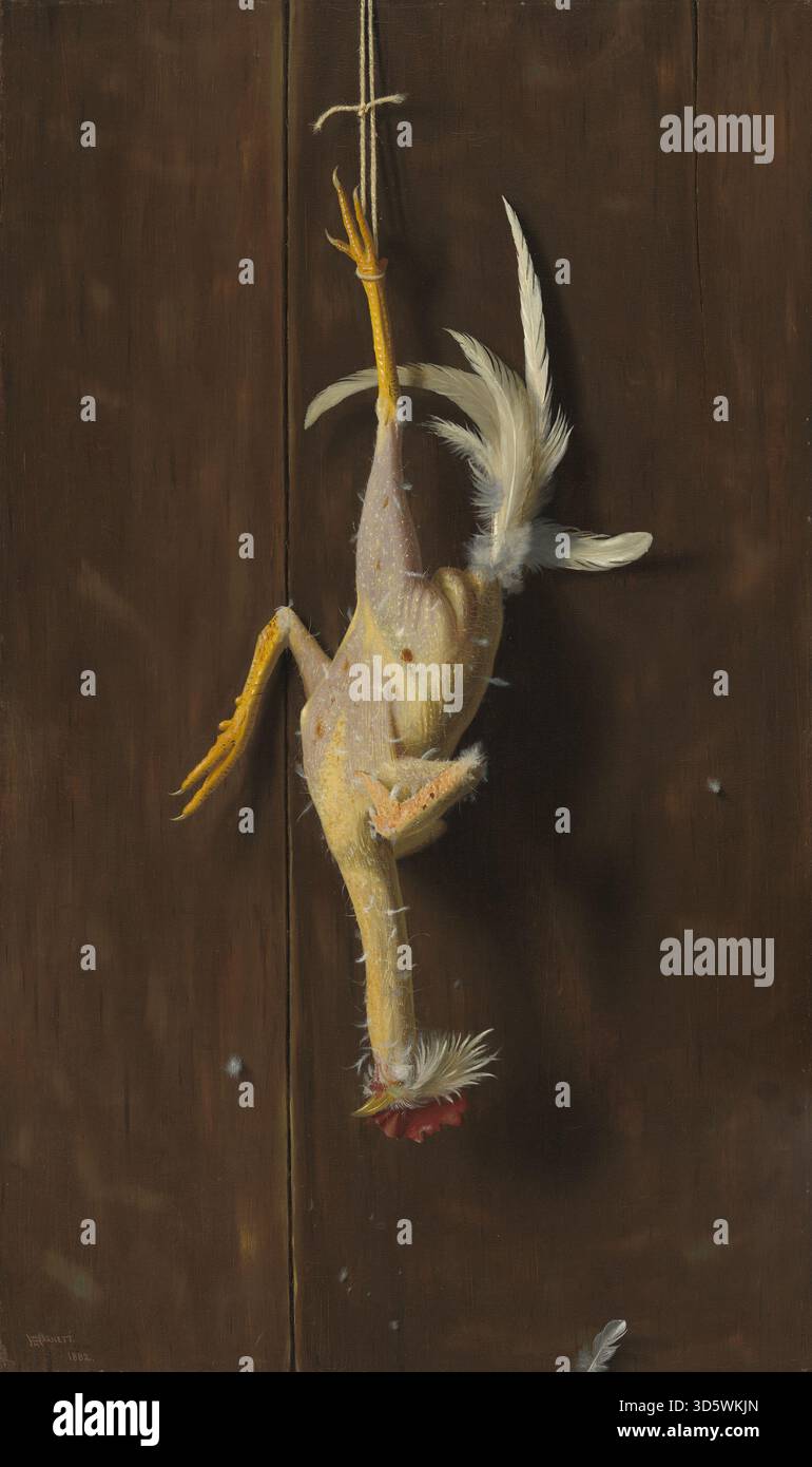 Dieses Gemälde von William Michael Harnett aus dem Jahr 1882, gerupft sauber, zeigt ein Stillleben eines teilweise gegessen Vogels mit detaillierter Aufmerksamkeit auf Federn, Form und realistische Texturen. Stockfoto