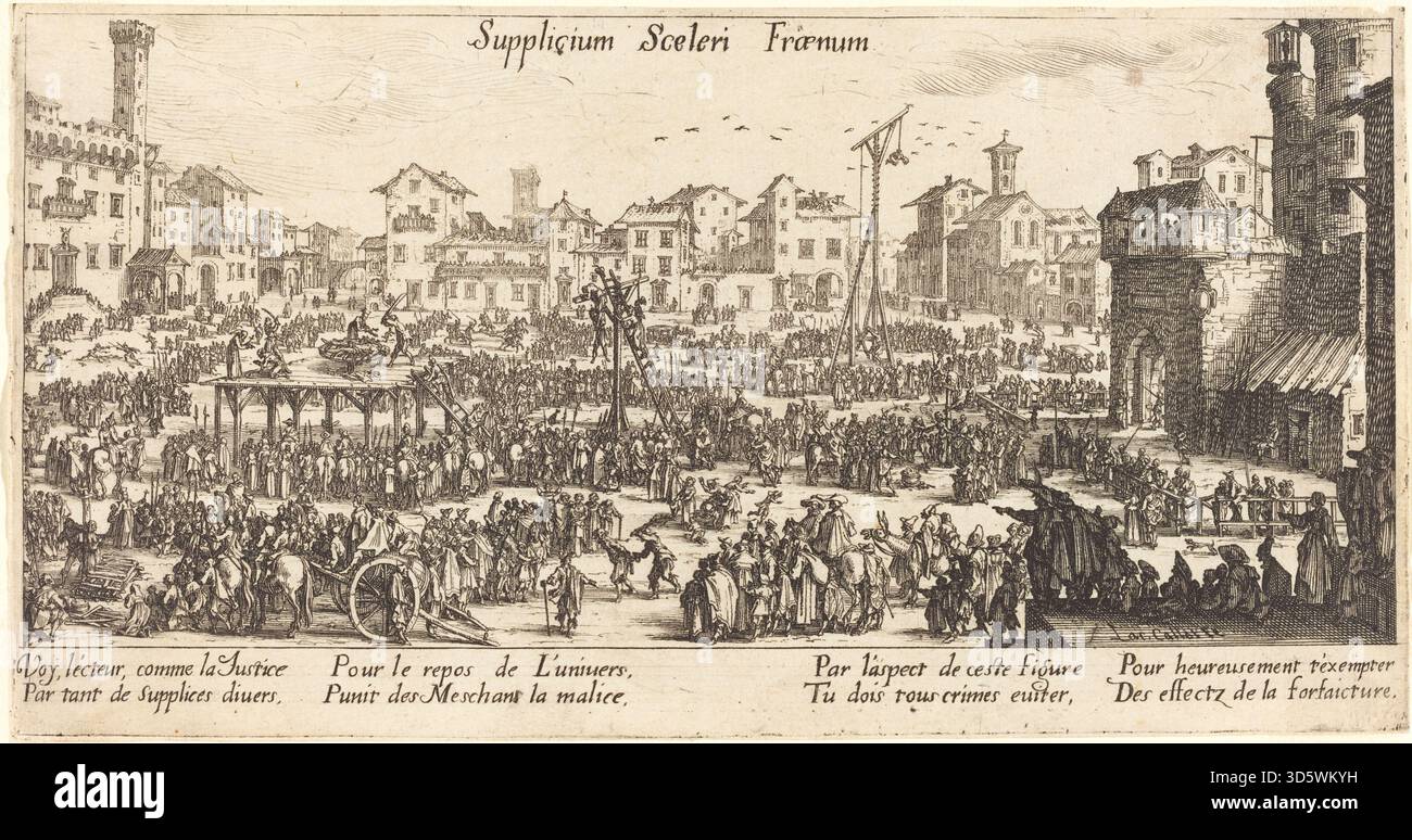 Radierung von Jacques Callot mit Szenen von Strafen und Figuren, die körperlich oder öffentlich bestraft werden, Gesten, Ausdrucksformen und Vertonungen, die gerichtliche und soziale Praktiken des 17. Jahrhunderts veranschaulichen. Stockfoto