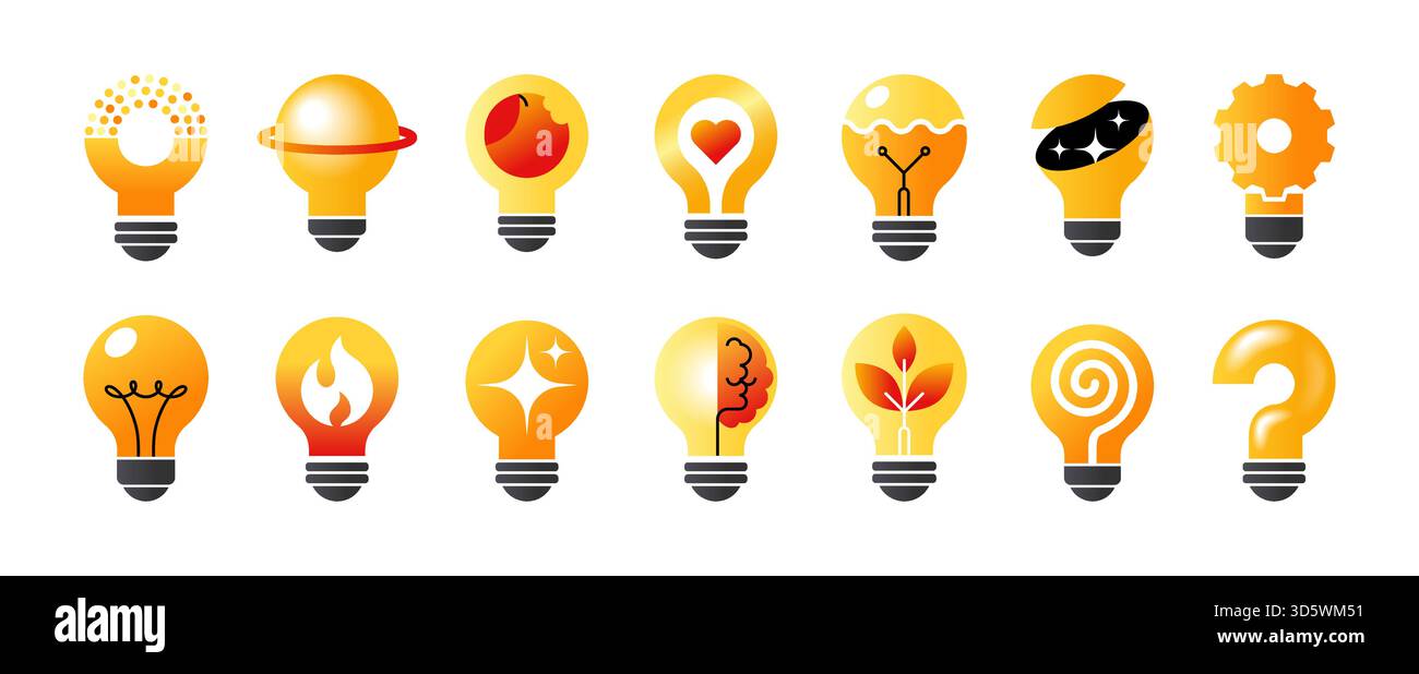 Glühlampen-Logo. Idee SMART-Konzept. Power Mind abstrakter Punkt für Smart Hub. Bildungstechnologie. Unternehmensvision. Elektrische erneuerbare Energien. Symbol für Brainstorming-Zahnrad. Vektorsymbole für gelbe Glühlampen eingestellt Stock Vektor