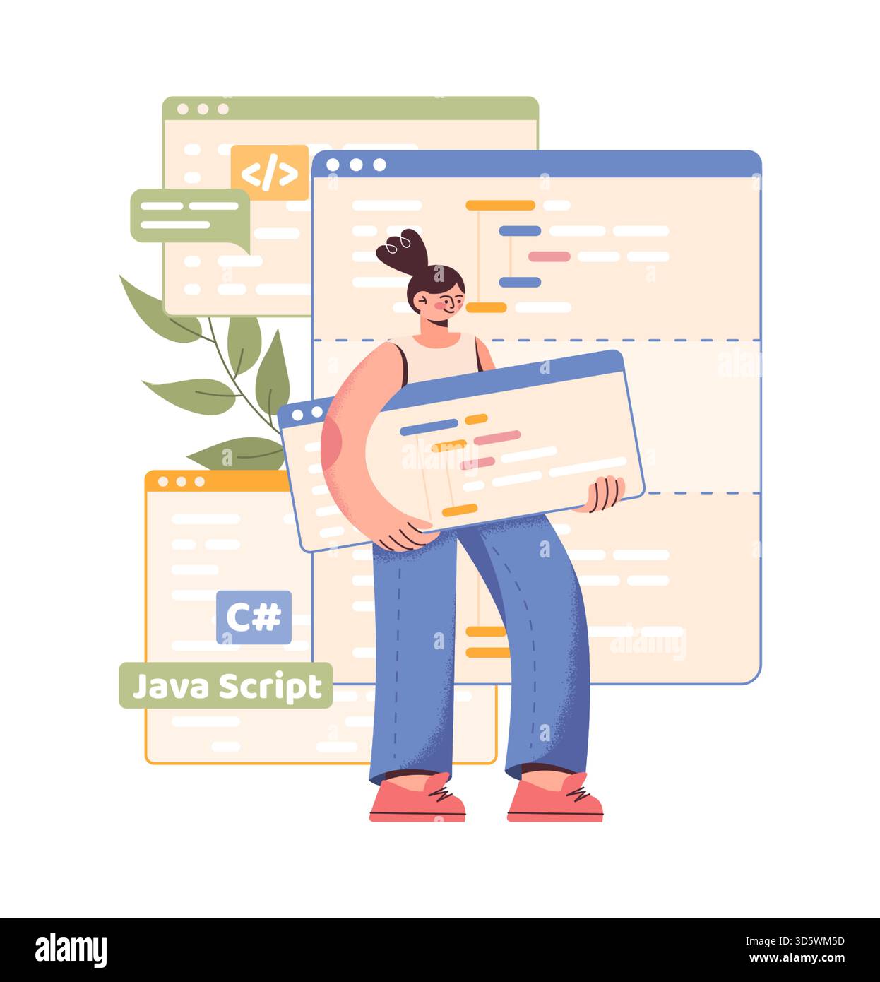 PC-Arbeit. Computerprogrammierer-Charakter. Browserfenster. Web-Software. Programmierskript. Entwickler sitzt auf Website Cyber Frame mit Laptop. Netzwerktechnologie. Vektorkonzept für Backend-Java-Coders Stock Vektor