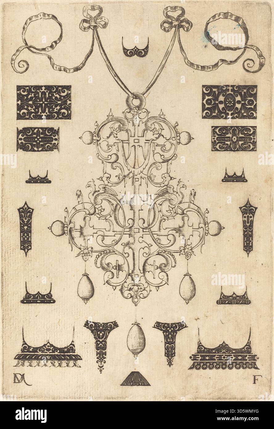 Ein 1593 großer Anhänger von Daniel Mignot mit drei Tropfen darunter und umgeben von 15 Stangen. Das Stück zeigt detaillierte Metallarbeiten, ausgewogene Komposition und europäische Handwerkskunst des späten 16. Jahrhunderts. Stockfoto