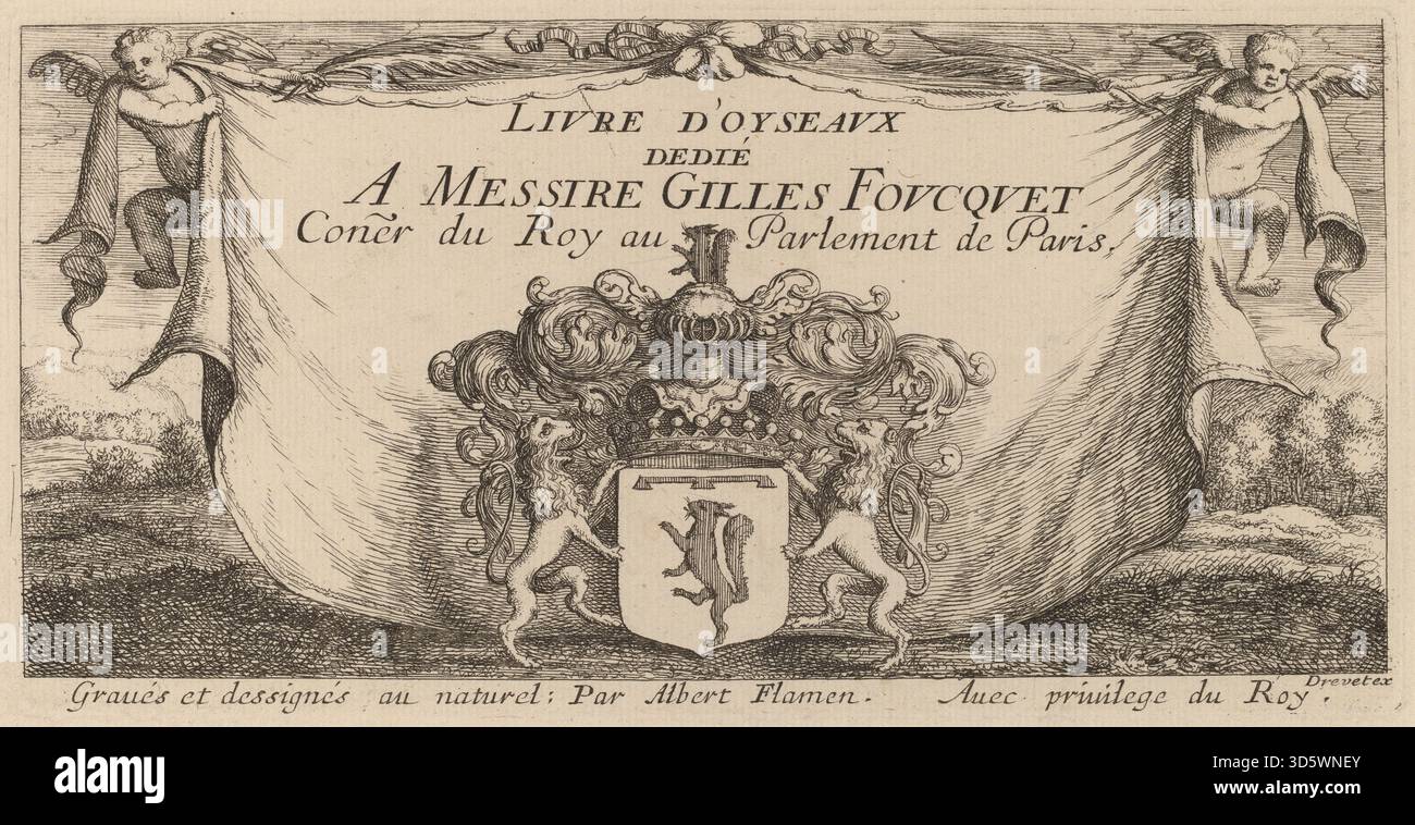 Dieser Druck dient als Titelseite für Albert Flamens Serie Livre d’Oyseaux (Buch der Vögel), die dekorative Elemente und Typografie enthält, die für Vogelillustrationen aus der Mitte des 17. Jahrhunderts geeignet sind. Stockfoto