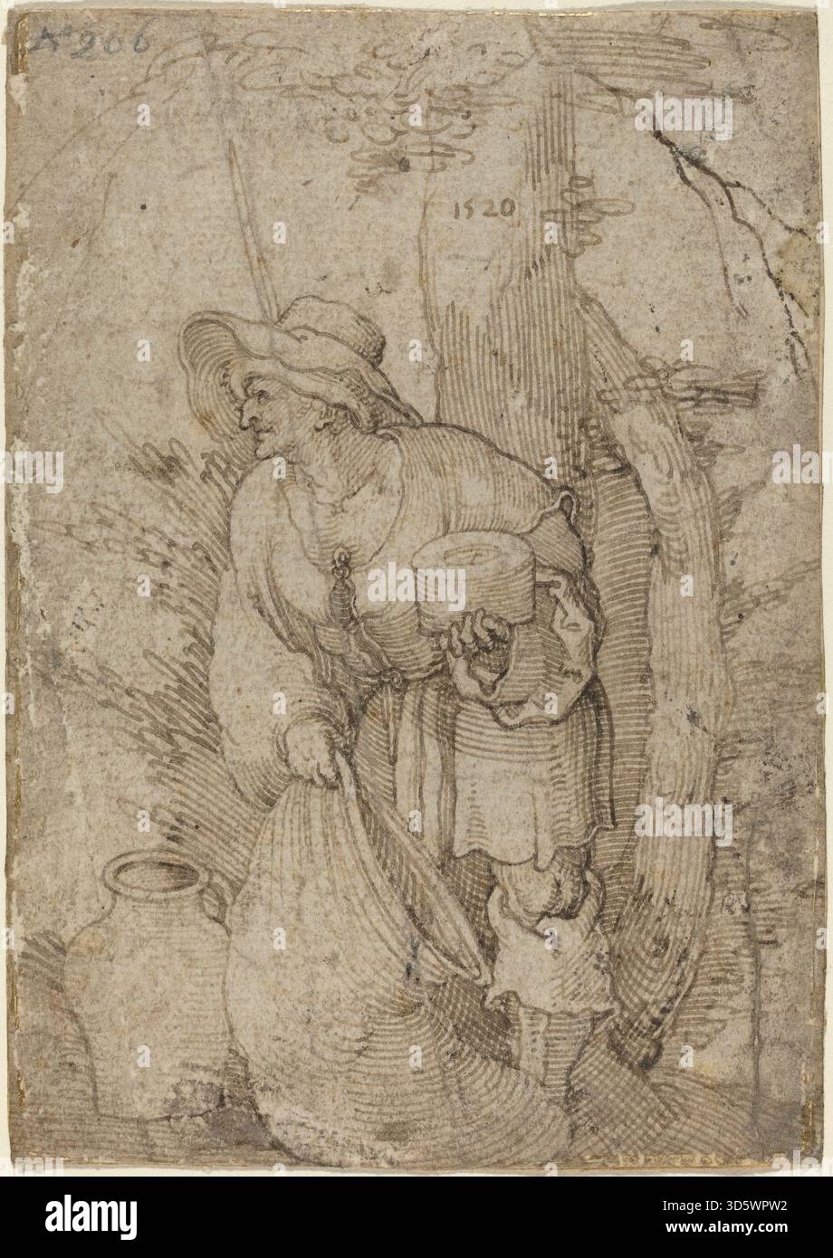 Ein Stich von Sebald Beham aus dem Jahr 1520, der einen alten Mann unter einem Baum zeigt, mit detaillierter Kleidung, Haltung, Laub und naturalistischer Darstellung. Stockfoto