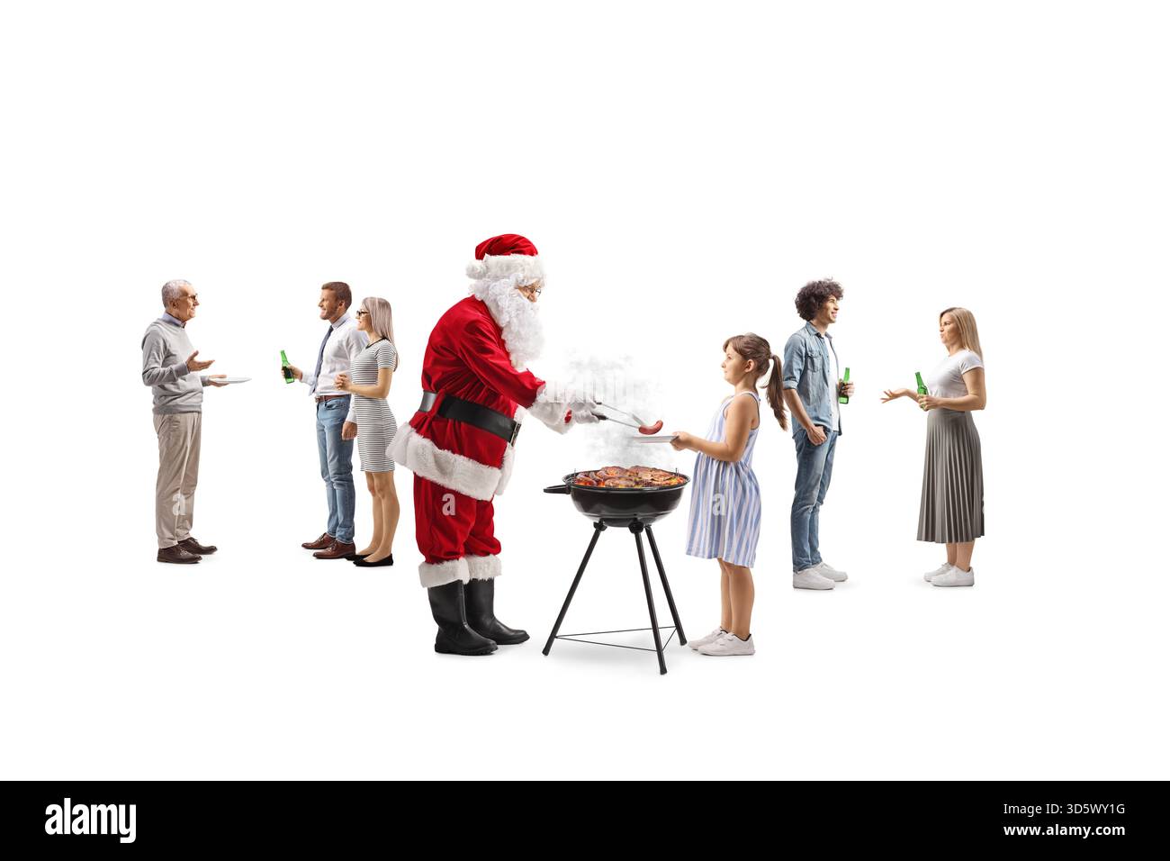 Erwachsene und Kinder auf einer weihnachts-bbq-Party mit dem Weihnachtsmann isoliert auf weißem Hintergrund Stockfoto