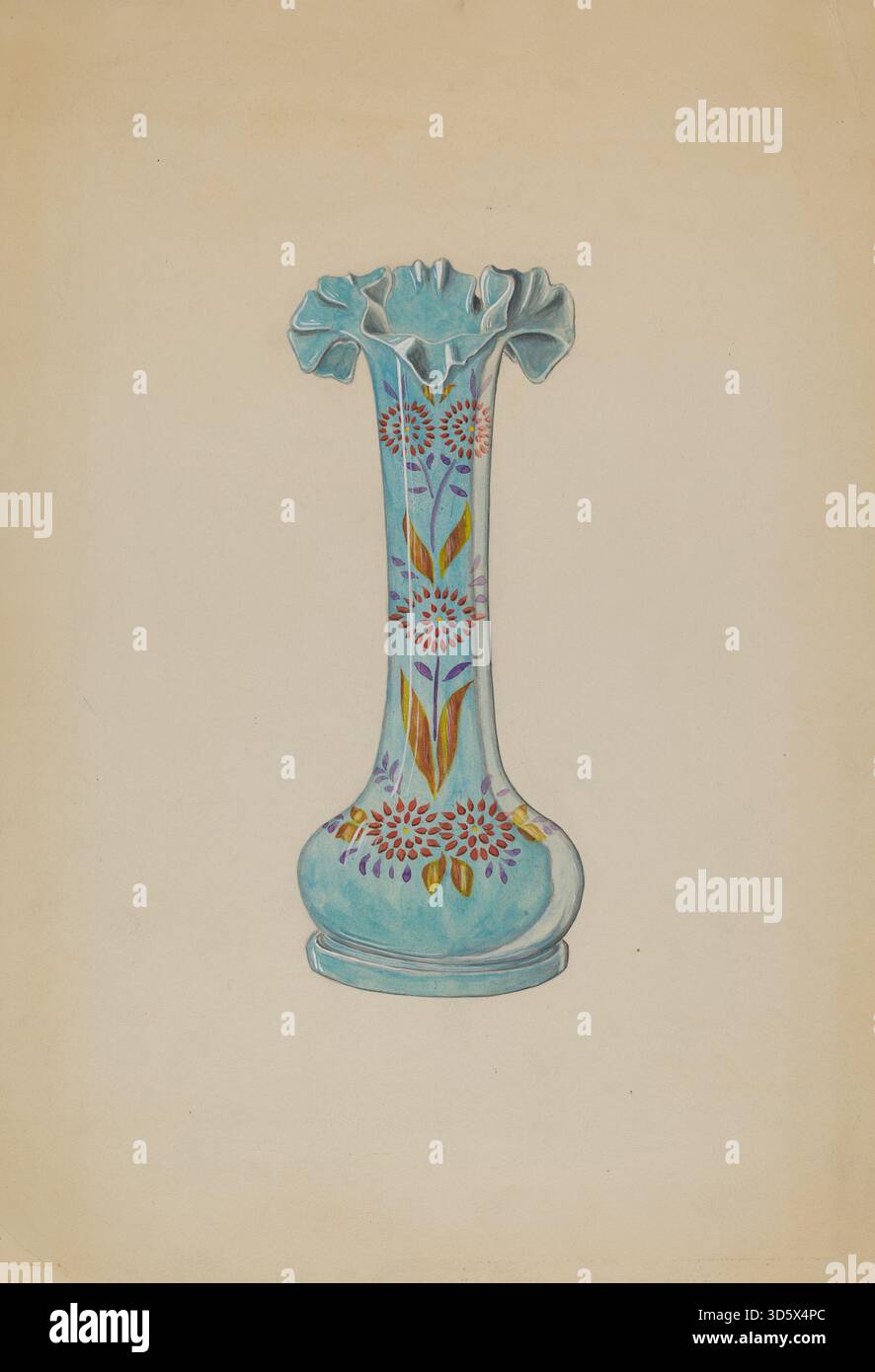 Diese Vase von Dorothy Posten aus dem jahr 1936 zeigt ein Keramikgefäß mit glatter Oberfläche, abgerundetem Körper, engem Hals, dekorativer Glasur und funktionellem Design. Stockfoto