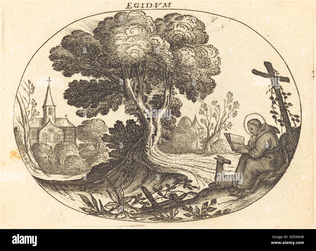 Stich von Balthasar Moncornet, der den heiligen Egidius mit einer Hirschkuh darstellt, mit religiöser Ikonographie, heiliger Figur, Tier, naturalistischer Landschaft, und hingebungsvoller Symbolismus. Stockfoto