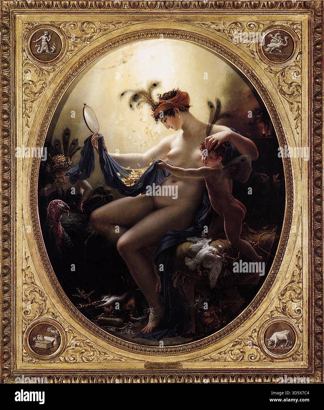 GIRODET DE ROUCY-TRIOSON, Anne-Louis (* 1767, Montargis, d. 1824, Paris) Mademoiselle lange AS Dana? 1799 Öl auf Leinwand, 65 x 54 cm Institute of Arts, Minneapolis Girodet stellte zunächst die Schauspielerin Mademoiselle lange als Venus dar, die auf ihrem Sofa stand, ihr Gesicht vom Betrachter abgewandt (Museum der bildenden K?nste, Leipzig). Als die Schauspielerin ihre Verärgerung über das Gemälde zum Ausdruck brachte, malte Girodet sie erneut, diesmal in mythologischer Form, Mademoiselle lange als Dana?. Die ovale Leinwand zeigt wieder ihren nackten Schoß, und in hellen Fingern hält sie einen kaputten Spiegel, das Symbol von Vanitas. Bei ihr f Stockfoto