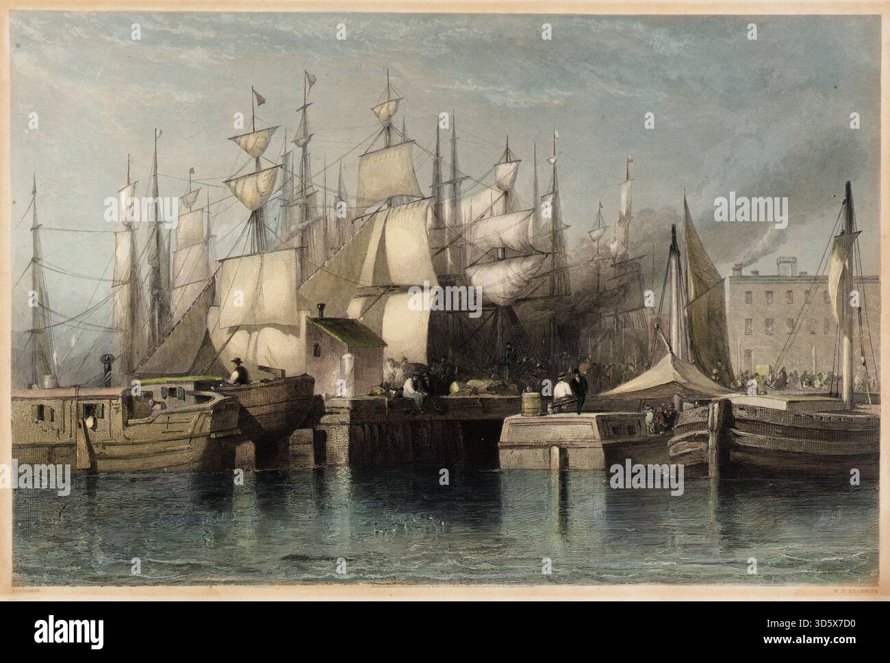 Wharf and Shipping, New York. Historisches Illustrationskunstwerk der New Yorker Kai-Aktivität von H. S. Beckwith, das Segelschiffe, Hafenarbeiter und den geschäftigen Seehandel im Jahr 1869 zeigt. Stockfoto