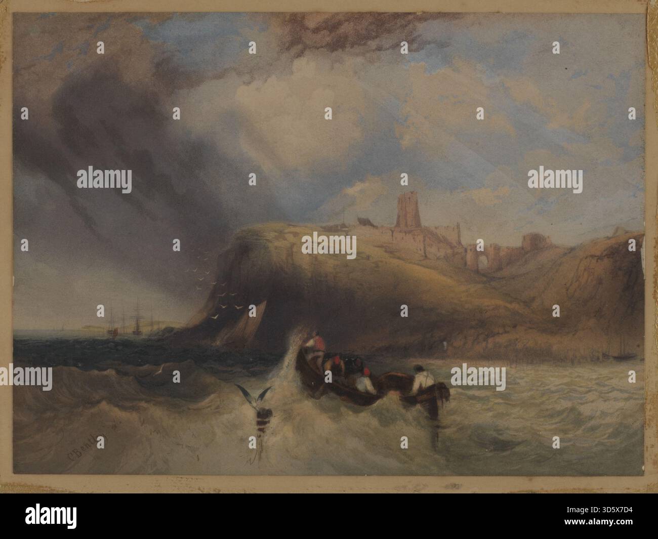 Meereslandschaft. Historisches Illustrationskunstwerk mit einem dramatischen Blick auf die Küste von Charles Bentley, das Wellen, Boote, Klippen und ferne Ruinen unter wechselndem Sturmlicht zeigt. Stockfoto