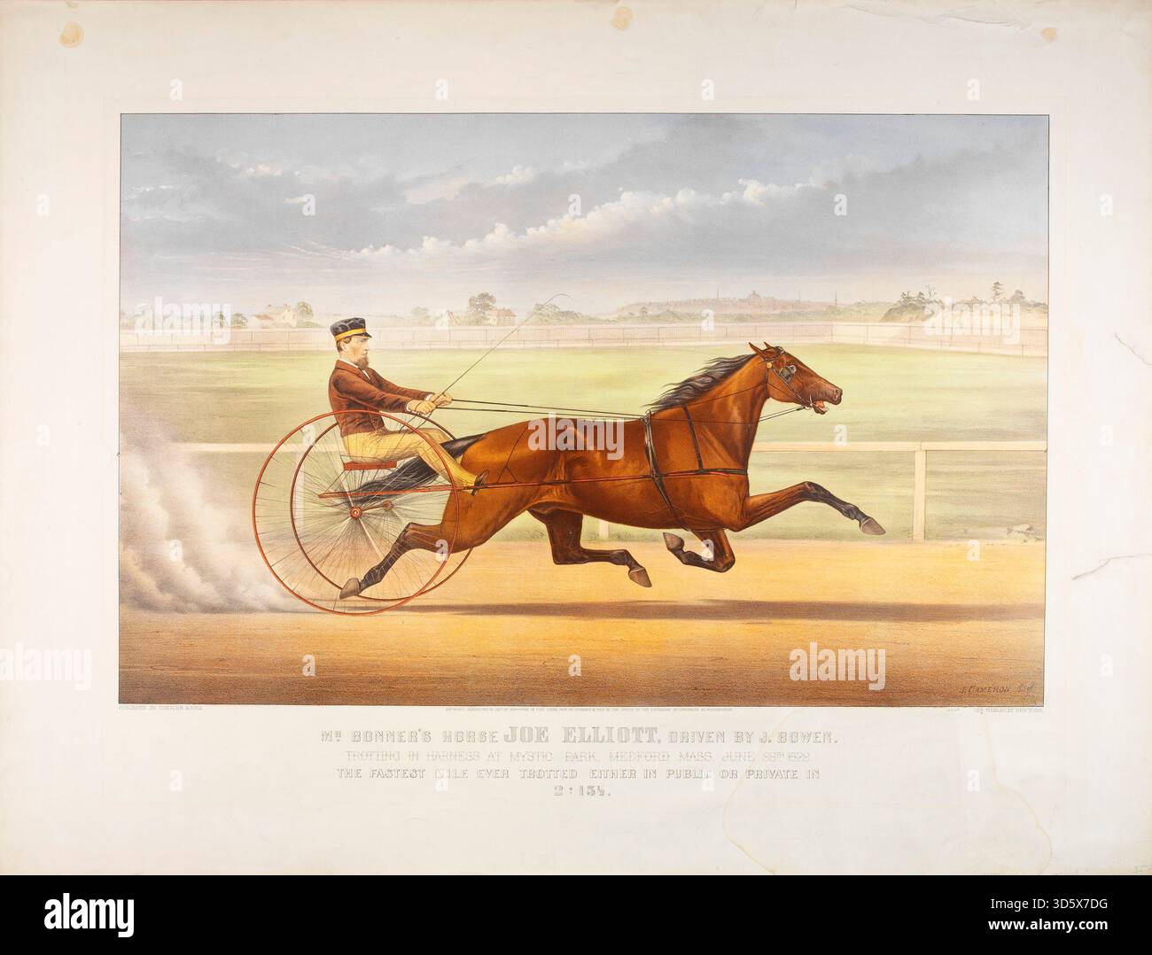 Historisches Illustrationskunstwerk von Mr. Bonner’s Horse Joe Elliott, einem Traberpferd, das von J. Bowen im Mystic Park in Medford, Massachusetts, 1873 von dem Künstler John Cameron gefahren wurde. Stockfoto