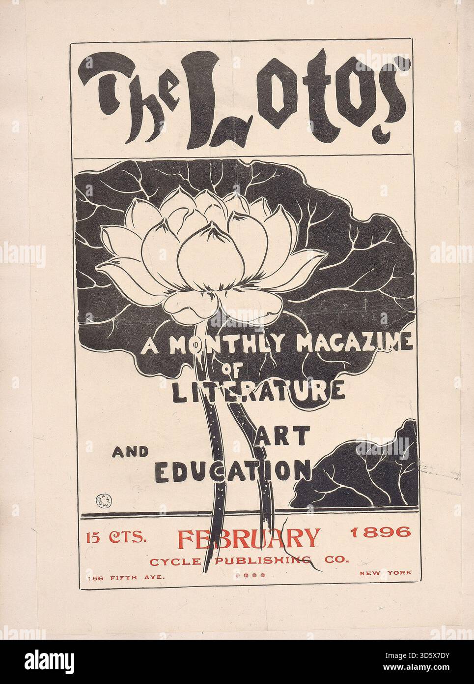 Historisches Illustrationskunstwerk der Lotos, ein Cover des Magazins von Arthur Wesley Dow im Februar 1896 mit einem auffälligen Lotosblütendesign mit stilisierten Schriften und dekorativen Jugendstilelementen. Stockfoto