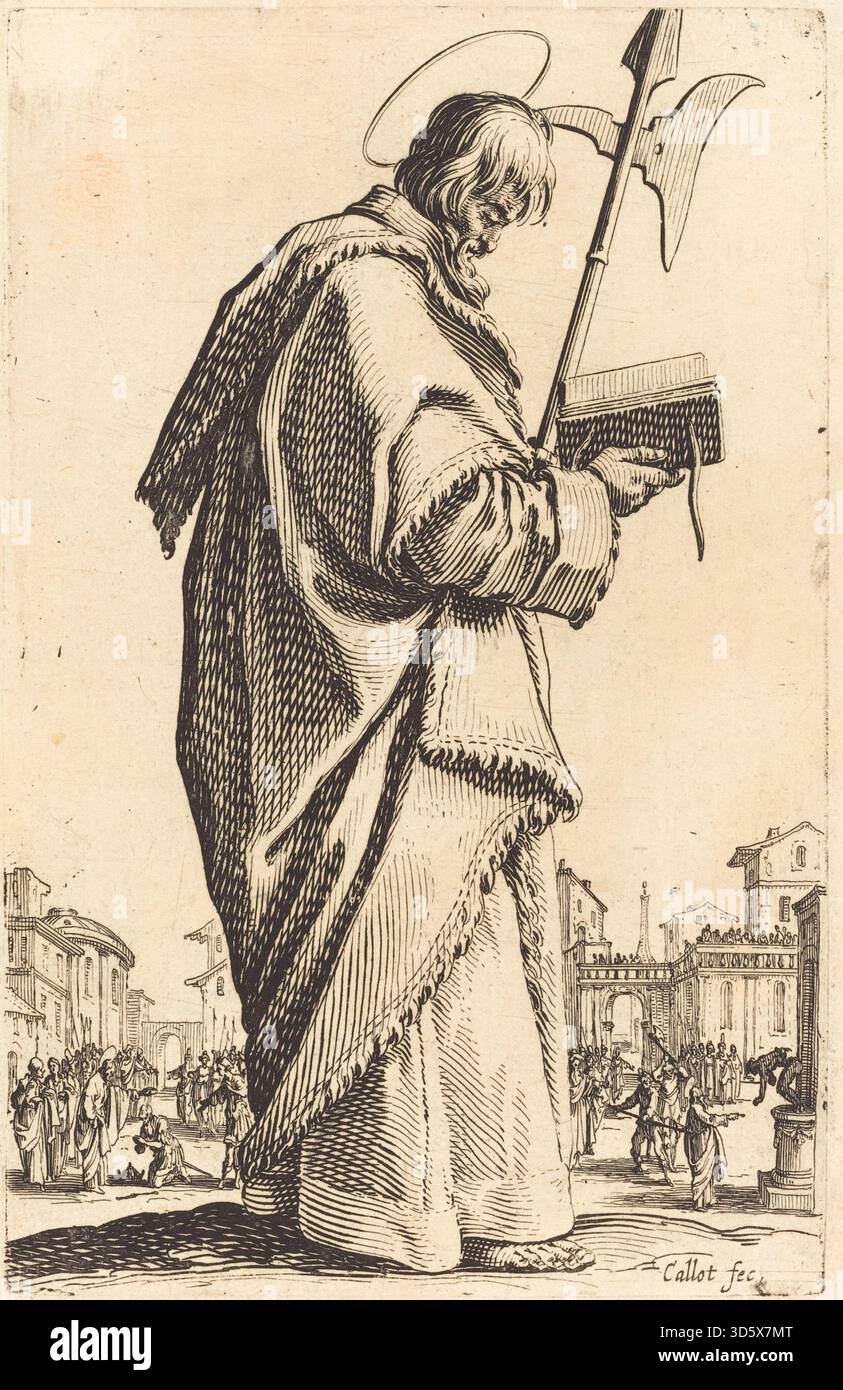 Radierung von Jacques Callot, veröffentlicht 1631, mit Darstellung des heiligen Matthias. Das Kunstwerk betont traditionelle Attribute, Kleidung und Haltung des heiligen innerhalb der europäischen christlichen Kunst des frühen 17. Jahrhunderts. Stockfoto