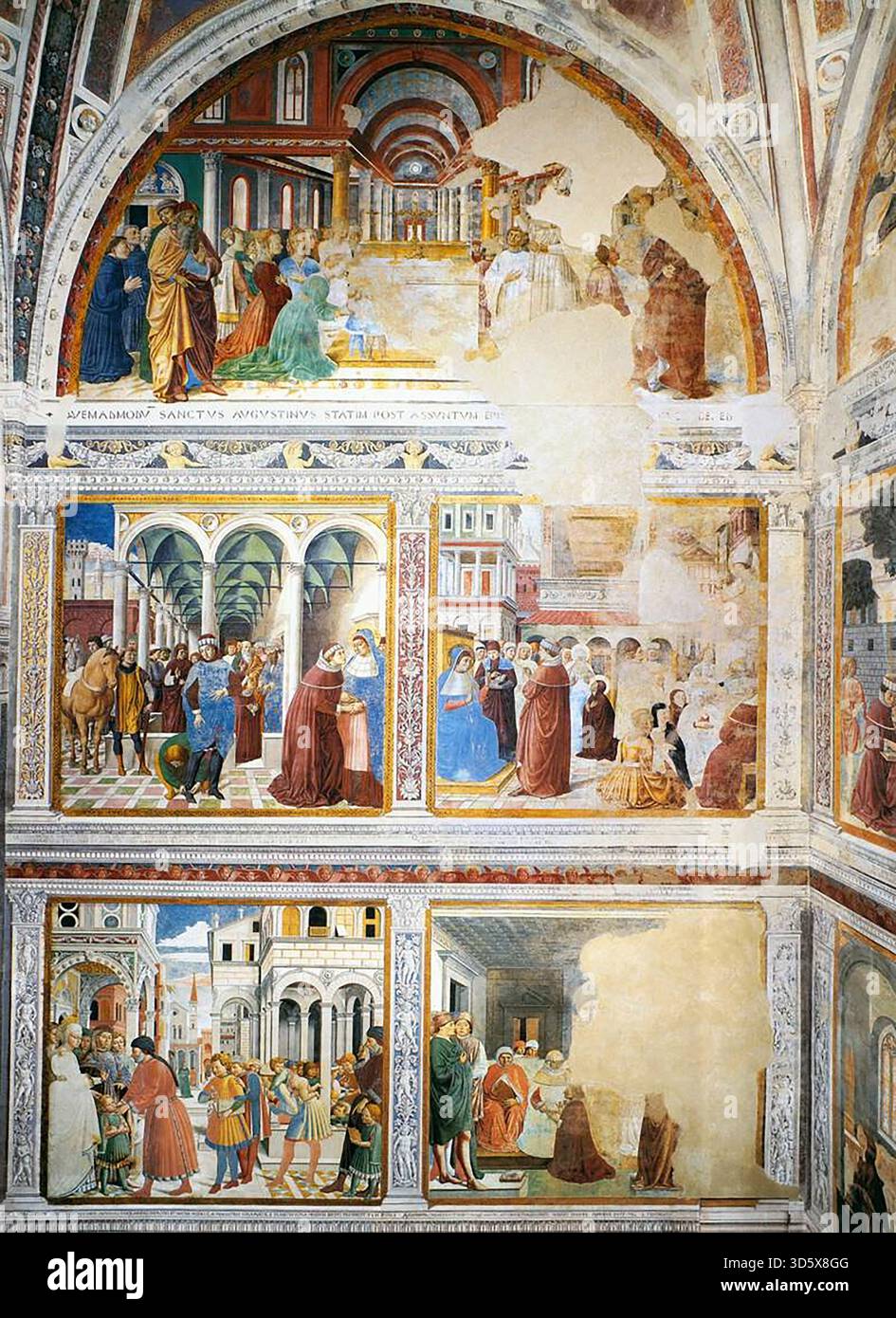 GOZZOLI, Benozzo (* ca. 1420, Firenze, d. 1497, Pistoia) Blick auf die linke Wand der Kapelle 1464-65 Fresco Sant'Agostino, San Gimignano --- Schlüsselwörter: ----------------- Autor: GOZZOLI, Benozzo Titel: Ansicht der linken Wand der Kapelle Zeitlinie: 1451-1500 Schule: Italienisch Form: Malerei Art: Religiös Stockfoto