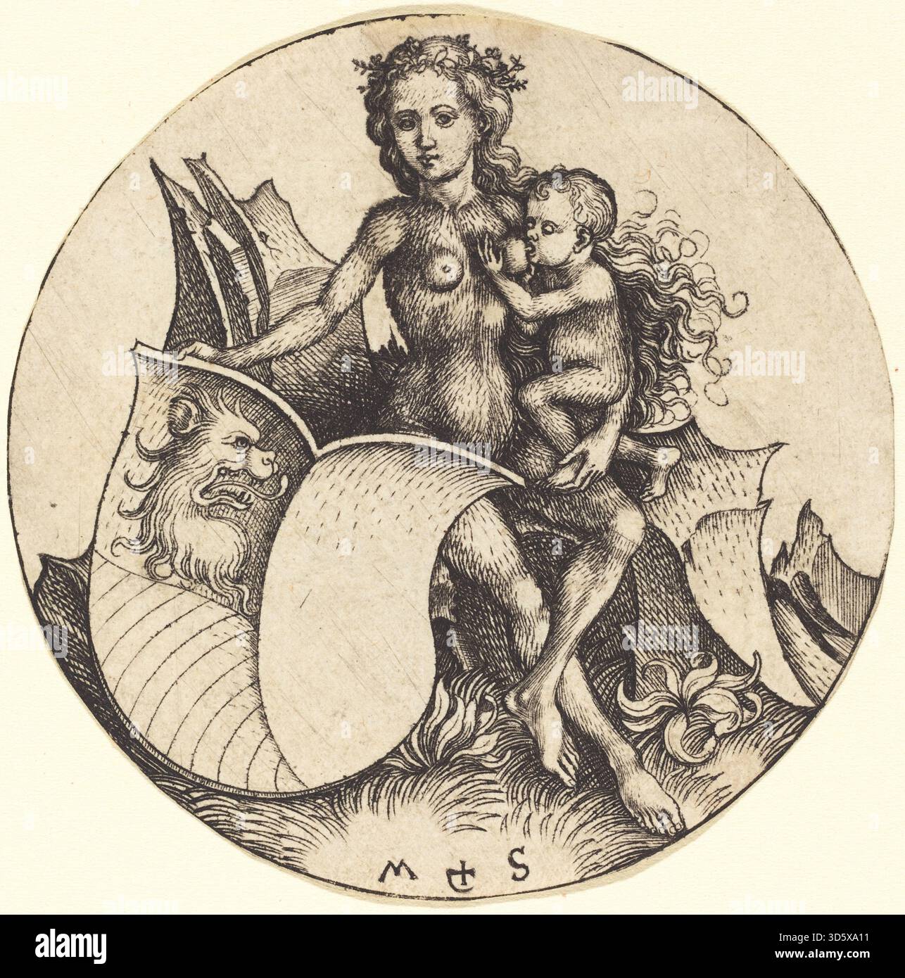 Dieser Kupferstich von Martin Schongauer um 1480–1490 zeigt eine wilde Frau, die einen Schild mit einem Löwenkopf hält. Die Arbeit konzentriert sich auf Figurenkomposition, heraldische Bildsprache, Strichstichtechnik, Textur und Stilelemente der Nördlichen Renaissance. Stockfoto