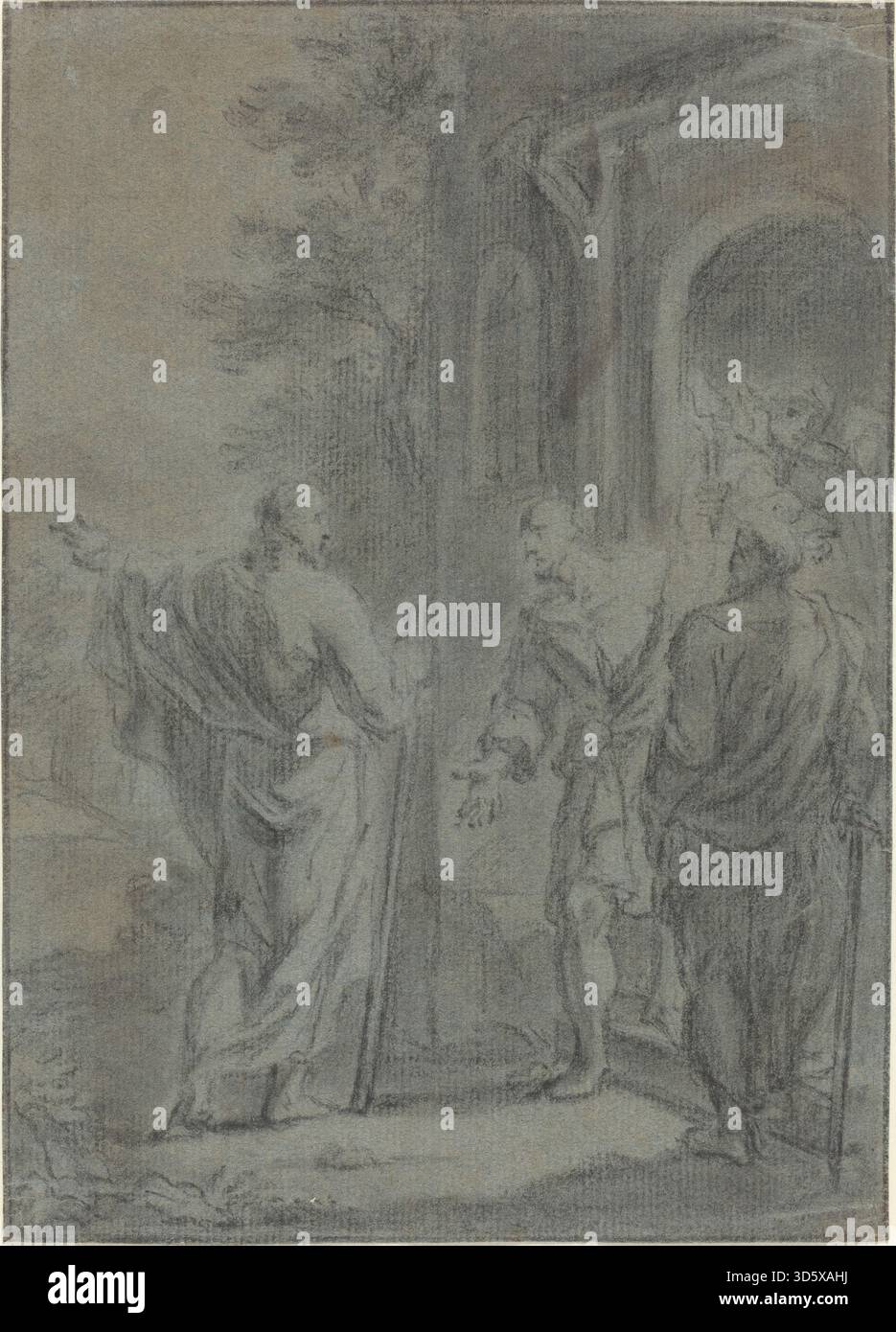 Französisches Gemälde aus dem 17. Jahrhundert, das Christus zeigt, wie er einen der Apostel ruft. Das Werk zeigt religiöse Figuren, Gesten, Drapierungen und kompositorische Schwerpunkte auf spirituelle Interaktion. Stockfoto