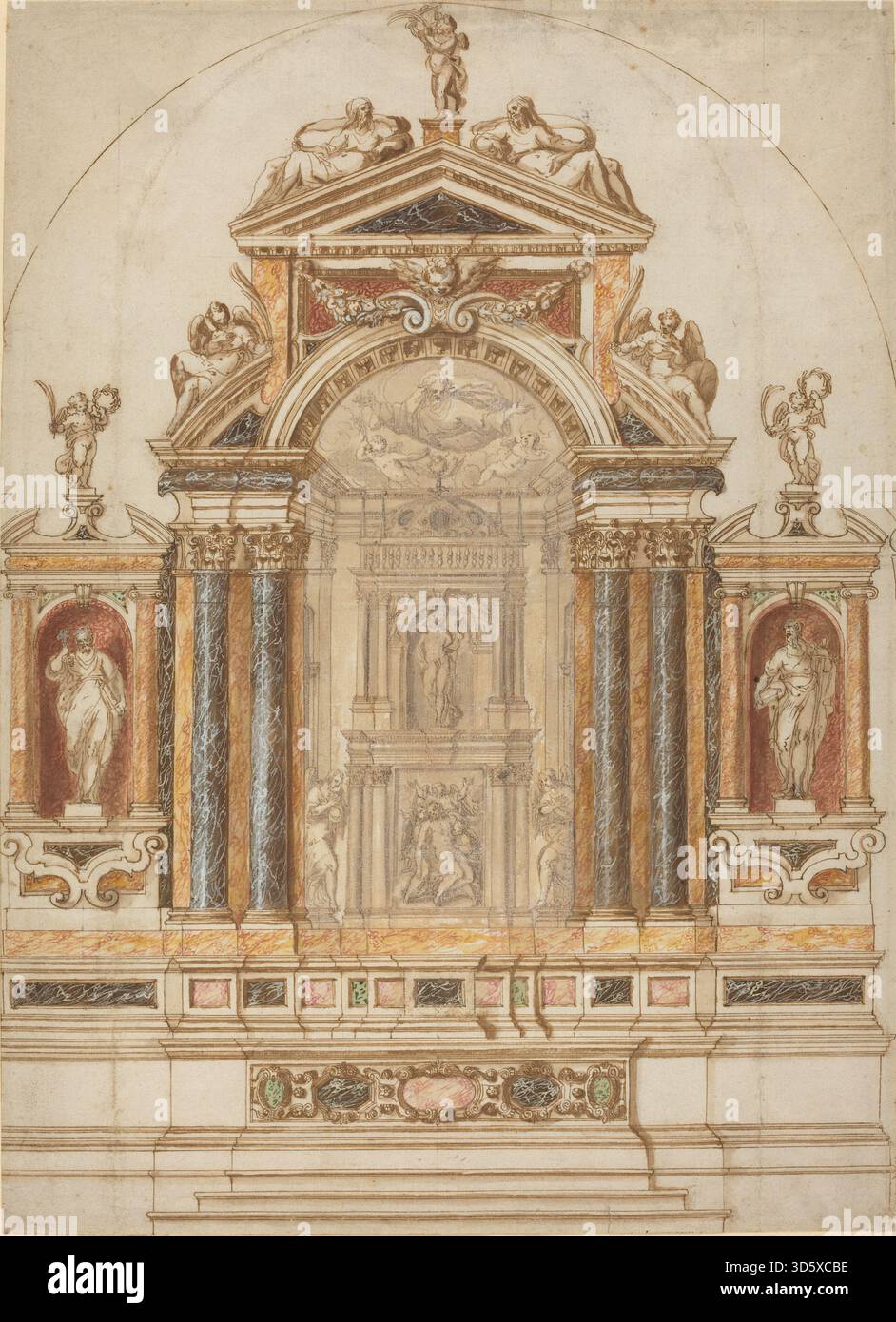 Dieser italienische Druck aus dem 17. Jahrhundert zeigt einen kunstvollen Altar aus farbigem Marmor, der mit Skulpturen aus den 1600er Jahren verziert ist Der Stich zeigt Architekturdesign, dekorative Details, Reliefs und italienischen Stil im Renaissance-Barock. Stockfoto