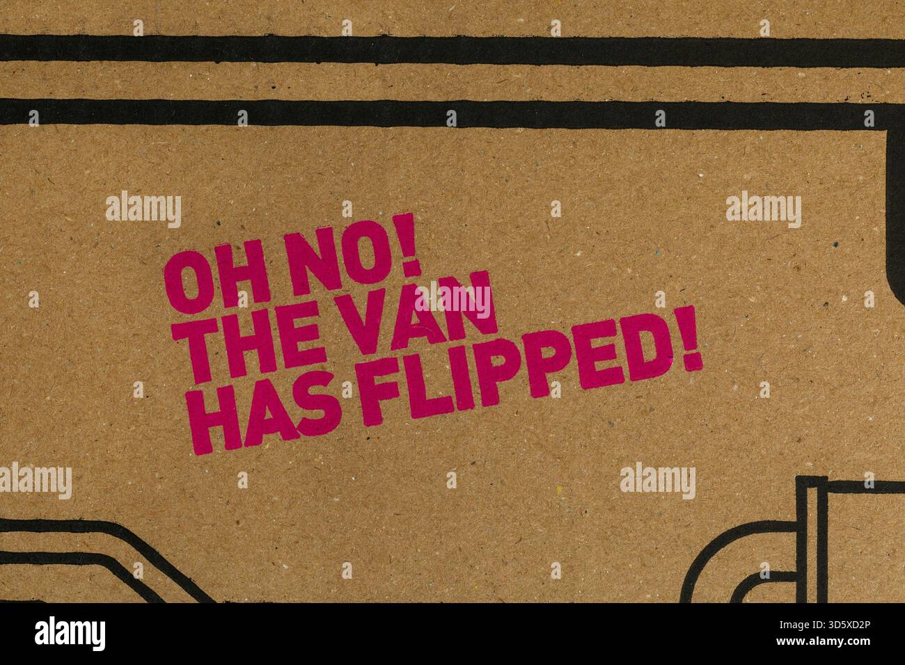 Oh nein, der Lieferwagen hat Details auf den Karton gekippt, um das Haus zu bewegen Stockfoto