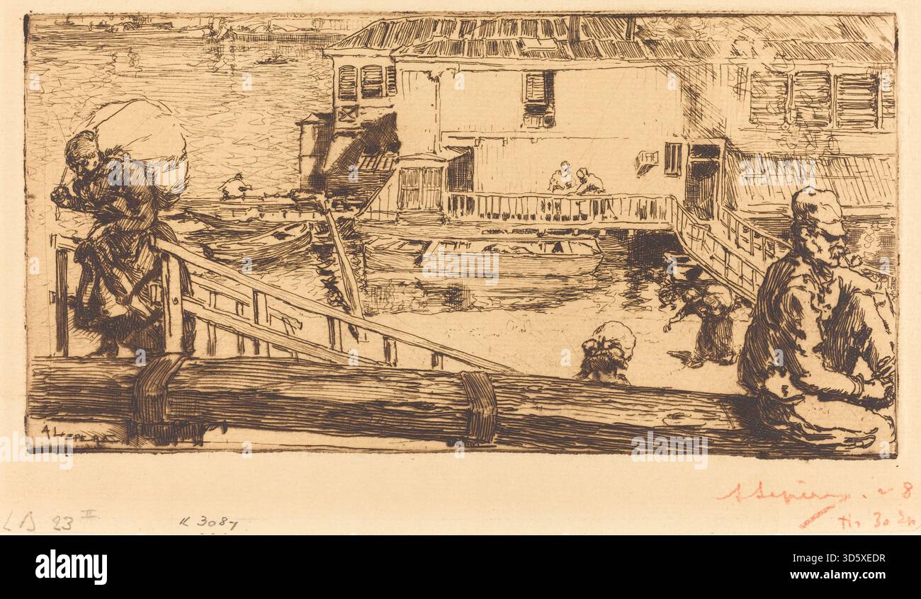 Dieser Stich von Auguste Lepère aus dem Jahr 1891 zeigt ein Waschhaus (le lavoir), das Gebäude, das Dach, das Wasserbecken, die Waschbühnen, und Figuren, die mit dem Waschen beschäftigt sind. Es zeigt öffentliche Versorgungsgebäude und Hausarbeit im Frankreich des 19. Jahrhunderts. Stockfoto