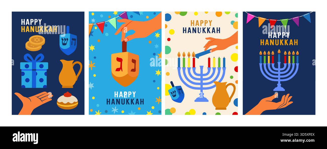 Hanukkah Grüße mit Menora, Dreidel, Geschenk und Händen. Modernes Vektordesign für traditionelles jüdisches Weihnachtsfest des Lichts. Menora, Kerzen Stock Vektor