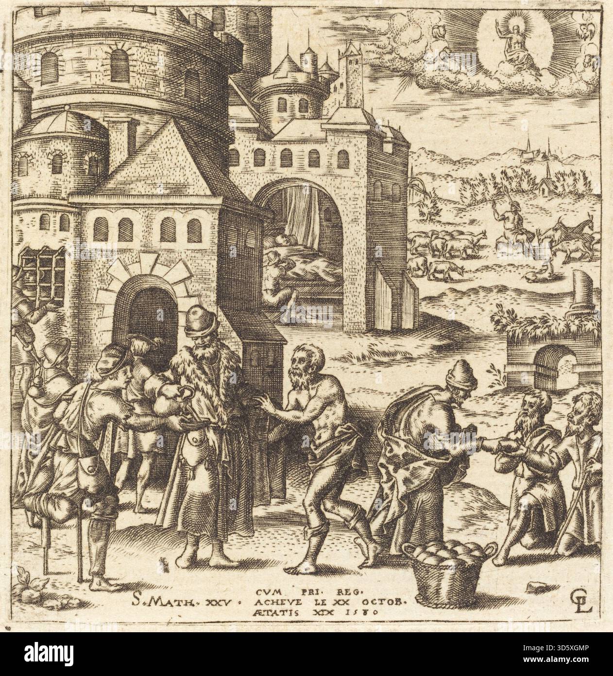 Dieser Stich von Léonard Gaultier aus dem Jahr 1580 trägt den Titel „Lehren über das Kommen des Gerichts“. Es zeigt Christus in der Mitte, der in einem klassischen Säulengang predigt, flankiert von Aposteln und einer Menschenmenge, unter einem Banner mit Warntext. Der Druck zeigt französische religiöse Bilder aus dem späten 16. Jahrhundert in Erzählformat und feine Linienstiche auf Büttenpapier. Stockfoto