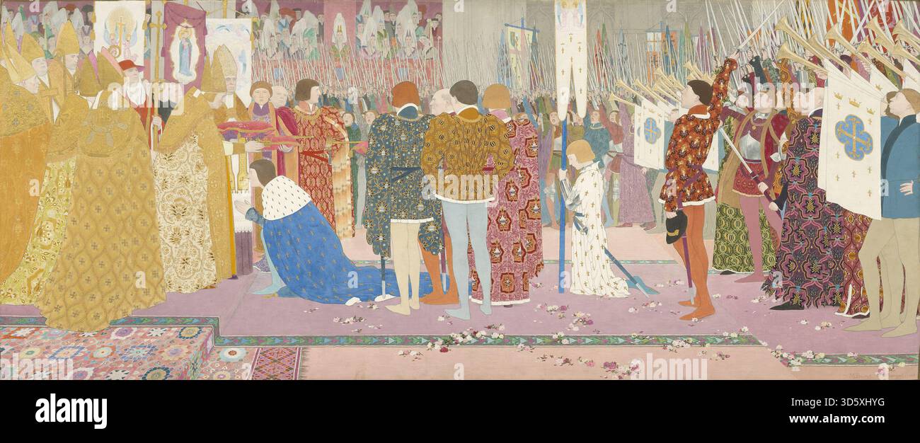 Diese Illustration von Louis Maurice Boutet de Monvel aus der Serie V Joan of Arc aus dem Jahr 1907 zeigt die Krönung des Dauphins in der Kathedrale von Reims. Die Szene umfasst Jeanne d'Arc, Geistliche, Adlige und Dienerinnen in zeremonieller Kleidung, die mittelalterliche Rituale, Architektur und zeremonielle Gesten einfangen. Stockfoto