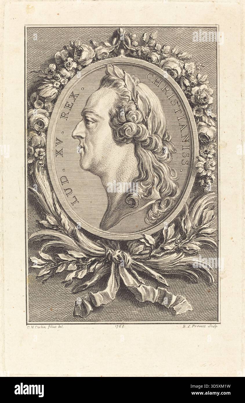 Dieser Kupferstich von Benoît Louis Prévost nach Charles Nicolas Cochin II. Zeigt König Ludwig XV. Und zeigt seine Kleidung, seine königliche Pose und seine königlichen Porträtkonventionen aus Frankreich Mitte des 18. Jahrhunderts. Stockfoto