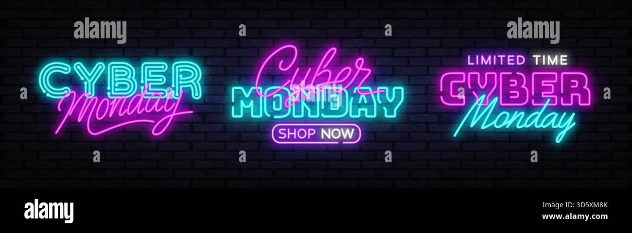 Set aus drei leuchtenden Cyber Monday Neonschildern in verschiedenen Stilen auf dunklem Backsteinhintergrund, perfekt für Online-Werbebanner und digitale Werbeaktionen Stock Vektor
