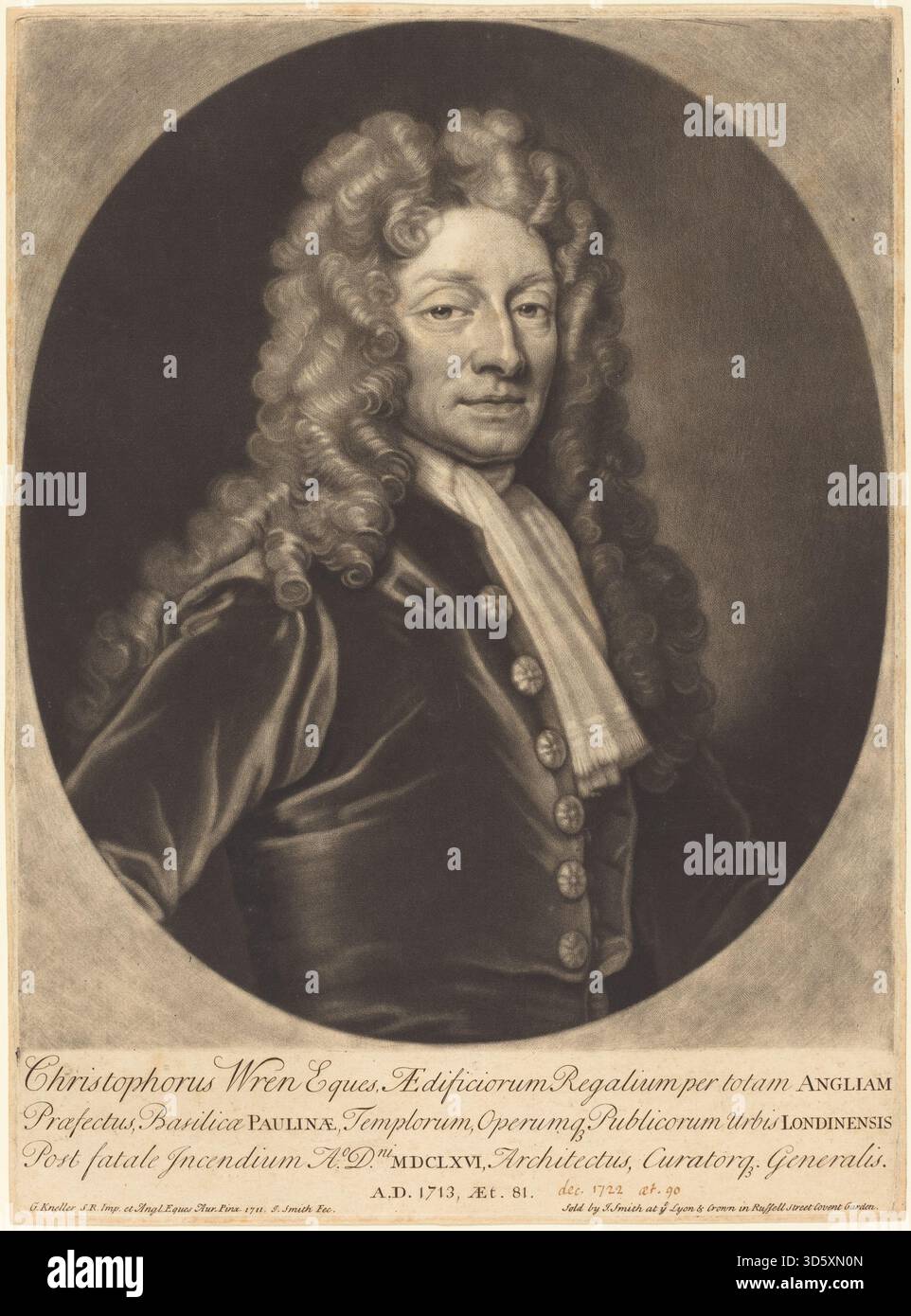 Gravur von John Smith nach Sir Godfrey Kneller, der Sir Christopher Wren im Jahr 1713 porträtierte und die architektonische Kleidung und den barocken Porträtstil betonte. Stockfoto